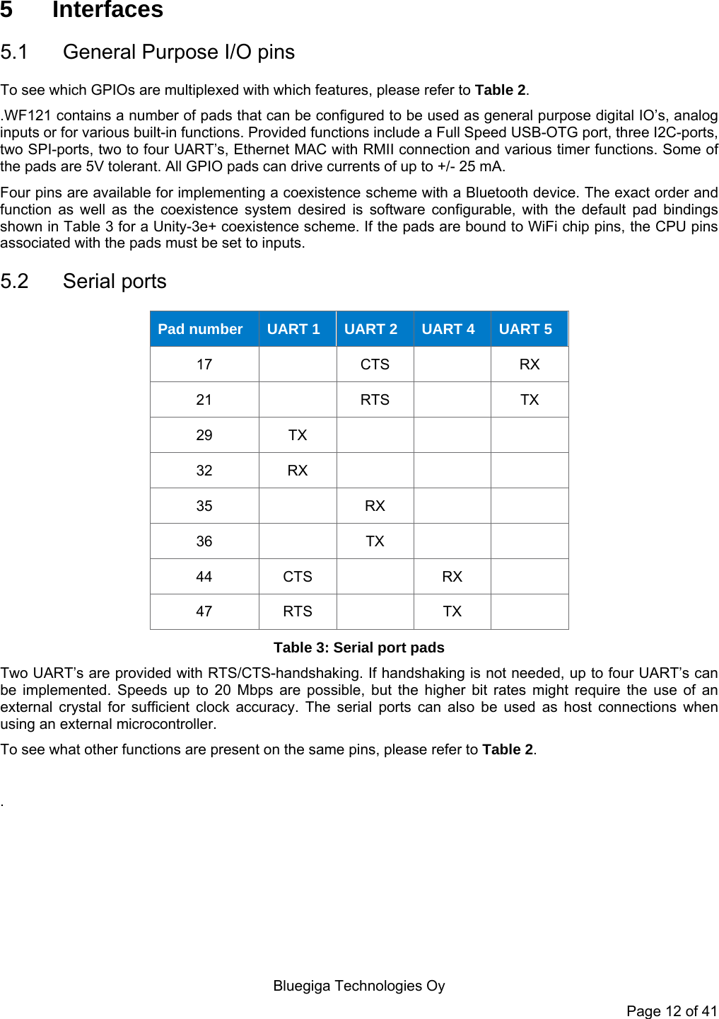  Bluegiga Technologies Oy Page 12 of 41 5 Interfaces 5.1  General Purpose I/O pins To see which GPIOs are multiplexed with which features, please refer to Table 2. .WF121 contains a number of pads that can be configured to be used as general purpose digital IO’s, analog inputs or for various built-in functions. Provided functions include a Full Speed USB-OTG port, three I2C-ports, two SPI-ports, two to four UART’s, Ethernet MAC with RMII connection and various timer functions. Some of the pads are 5V tolerant. All GPIO pads can drive currents of up to +/- 25 mA. Four pins are available for implementing a coexistence scheme with a Bluetooth device. The exact order and function as well as the coexistence system desired is software configurable, with the default pad bindings shown in Table 3 for a Unity-3e+ coexistence scheme. If the pads are bound to WiFi chip pins, the CPU pins associated with the pads must be set to inputs. 5.2 Serial ports Pad number  UART 1  UART 2  UART 4  UART 5 17   CTS   RX 21   RTS   TX 29  TX     32  RX     35   RX     36   TX     44  CTS   RX   47  RTS   TX   Table 3: Serial port pads Two UART’s are provided with RTS/CTS-handshaking. If handshaking is not needed, up to four UART’s can be implemented. Speeds up to 20 Mbps are possible, but the higher bit rates might require the use of an external crystal for sufficient clock accuracy. The serial ports can also be used as host connections when using an external microcontroller. To see what other functions are present on the same pins, please refer to Table 2.  . 