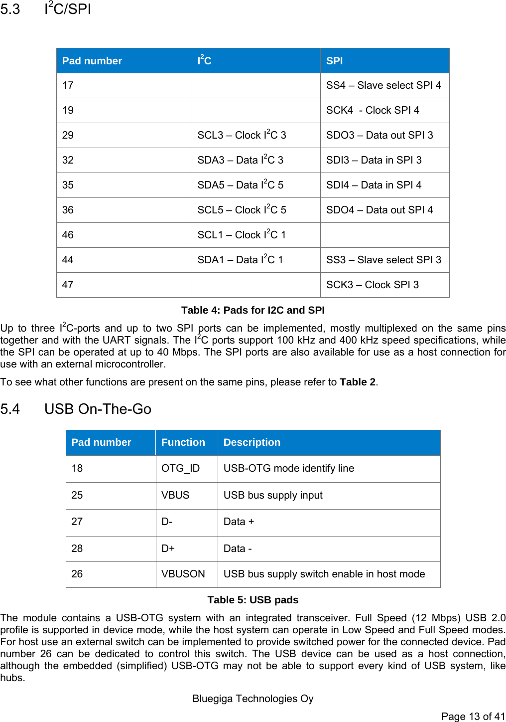  Bluegiga Technologies Oy Page 13 of 41 5.3 I2C/SPI  Pad number  I2C  SPI 17   SS4 – Slave select SPI 4 19   SCK4  - Clock SPI 4 29  SCL3 – Clock I2C 3  SDO3 – Data out SPI 3 32  SDA3 – Data I2C 3  SDI3 – Data in SPI 3 35  SDA5 – Data I2C 5  SDI4 – Data in SPI 4 36  SCL5 – Clock I2C 5   SDO4 – Data out SPI 4 46  SCL1 – Clock I2C 1   44  SDA1 – Data I2C 1  SS3 – Slave select SPI 3 47   SCK3 – Clock SPI 3 Table 4: Pads for I2C and SPI Up to three I2C-ports and up to two SPI ports can be implemented, mostly multiplexed on the same pins together and with the UART signals. The I2C ports support 100 kHz and 400 kHz speed specifications, while the SPI can be operated at up to 40 Mbps. The SPI ports are also available for use as a host connection for use with an external microcontroller. To see what other functions are present on the same pins, please refer to Table 2. 5.4 USB On-The-Go Pad number  Function  Description 18  OTG_ID  USB-OTG mode identify line 25  VBUS  USB bus supply input 27  D-  Data + 28  D+  Data - 26  VBUSON  USB bus supply switch enable in host mode Table 5: USB pads The module contains a USB-OTG system with an integrated transceiver. Full Speed (12 Mbps) USB 2.0 profile is supported in device mode, while the host system can operate in Low Speed and Full Speed modes. For host use an external switch can be implemented to provide switched power for the connected device. Pad number 26 can be dedicated to control this switch. The USB device can be used as a host connection, although the embedded (simplified) USB-OTG may not be able to support every kind of USB system, like hubs. 