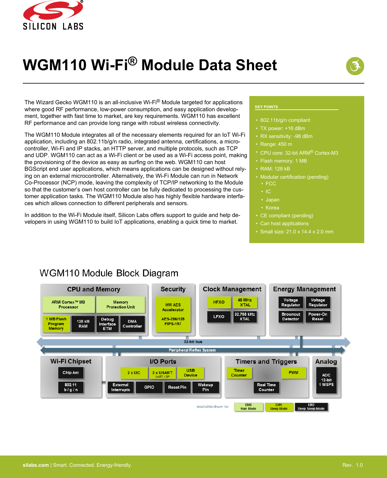 WGM110 Wi-Fi® Module Data SheetThe Wizard Gecko WGM110 is an all-inclusive Wi-Fi® Module targeted for applicationswhere good RF performance, low-power consumption, and easy application develop-ment, together with fast time to market, are key requirements. WGM110 has excellentRF performance and can provide long range with robust wireless connectivity.The WGM110 Module integrates all of the necessary elements required for an IoT Wi-Fiapplication, including an 802.11b/g/n radio, integrated antenna, certifications, a micro-controller, Wi-Fi and IP stacks, an HTTP server, and multiple protocols, such as TCPand UDP. WGM110 can act as a Wi-Fi client or be used as a Wi-Fi access point, makingthe provisioning of the device as easy as surfing on the web. WGM110 can hostBGScript end user applications, which means applications can be designed without rely-ing on an external microcontroller. Alternatively, the Wi-Fi Module can run in NetworkCo-Processor (NCP) mode, leaving the complexity of TCP/IP networking to the Moduleso that the customer’s own host controller can be fully dedicated to processing the cus-tomer application tasks. The WGM110 Module also has highly flexible hardware interfa-ces which allows connection to different peripherals and sensors.In addition to the Wi-Fi Module itself, Silicon Labs offers support to guide and help de-velopers in using WGM110 to build IoT applications, enabling a quick time to market.KEY POINTS• 802.11b/g/n compliant•TX power: +16 dBm• RX sensitivity: -98 dBm• Range: 450 m•CPU core: 32-bit ARM® Cortex-M3• Flash memory: 1 MB• RAM: 128 kB• Modular certification (pending)• FCC• IC• Japan• Korea• CE compliant (pending)• Can host applications• Small size: 21.0 x 14.4 x 2.0 mmsilabs.com | Smart. Connected. Energy-friendly. Rev.  1.0 
