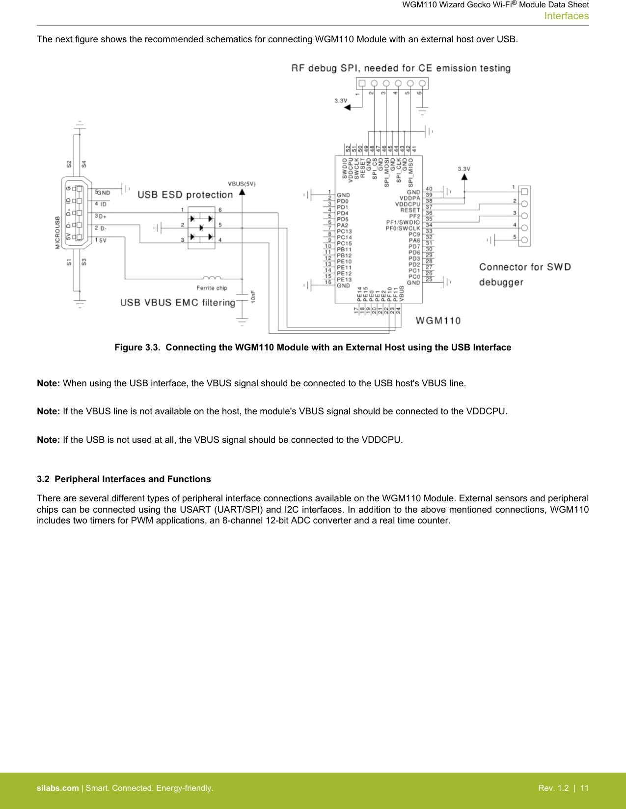 The next figure shows the recommended schematics for connecting WGM110 Module with an external host over USB.Figure 3.3.  Connecting the WGM110 Module with an External Host using the USB InterfaceNote: When using the USB interface, the VBUS signal should be connected to the USB host&apos;s VBUS line. Note: If the VBUS line is not available on the host, the module&apos;s VBUS signal should be connected to the VDDCPU. Note: If the USB is not used at all, the VBUS signal should be connected to the VDDCPU. 3.2  Peripheral Interfaces and FunctionsThere are several different types of peripheral interface connections available on the WGM110 Module. External sensors and peripheralchips can be connected using the USART (UART/SPI) and I2C interfaces. In addition to the above mentioned connections, WGM110includes two timers for PWM applications, an 8-channel 12-bit ADC converter and a real time counter.WGM110 Wizard Gecko Wi-Fi® Module Data SheetInterfacessilabs.com | Smart. Connected. Energy-friendly. Rev. 1.2  |  11