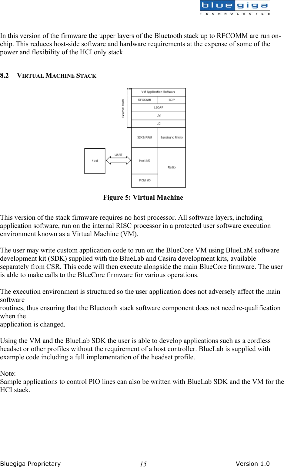  Bluegiga Proprietary       Version 1.0 15  In this version of the firmware the upper layers of the Bluetooth stack up to RFCOMM are run on-chip. This reduces host-side software and hardware requirements at the expense of some of the power and flexibility of the HCI only stack.  8.2 VIRTUAL MACHINE STACK  Figure 5: Virtual Machine  This version of the stack firmware requires no host processor. All software layers, including application software, run on the internal RISC processor in a protected user software execution environment known as a Virtual Machine (VM).  The user may write custom application code to run on the BlueCore VM using BlueLaM software development kit (SDK) supplied with the BlueLab and Casira development kits, available separately from CSR. This code will then execute alongside the main BlueCore firmware. The user is able to make calls to the BlueCore firmware for various operations.  The execution environment is structured so the user application does not adversely affect the main software routines, thus ensuring that the Bluetooth stack software component does not need re-qualification when the application is changed.  Using the VM and the BlueLab SDK the user is able to develop applications such as a cordless headset or other profiles without the requirement of a host controller. BlueLab is supplied with example code including a full implementation of the headset profile.  Note: Sample applications to control PIO lines can also be written with BlueLab SDK and the VM for the HCI stack.  