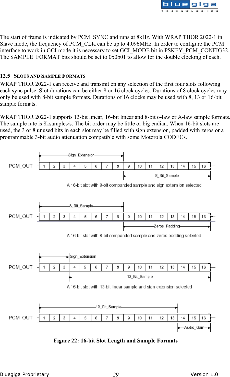  Bluegiga Proprietary       Version 1.0 29   The start of frame is indicated by PCM_SYNC and runs at 8kHz. With WRAP THOR 2022-1 in Slave mode, the frequency of PCM_CLK can be up to 4.096MHz. In order to configure the PCM interface to work in GCI mode it is necessary to set GCI_MODE bit in PSKEY_PCM_CONFIG32. The SAMPLE_FORMAT bits should be set to 0x0b01 to allow for the double clocking of each.  12.5 SLOTS AND SAMPLE FORMATS WRAP THOR 2022-1 can receive and transmit on any selection of the first four slots following each sync pulse. Slot durations can be either 8 or 16 clock cycles. Durations of 8 clock cycles may only be used with 8-bit sample formats. Durations of 16 clocks may be used with 8, 13 or 16-bit sample formats.  WRAP THOR 2022-1 supports 13-bit linear, 16-bit linear and 8-bit o-law or A-law sample formats. The sample rate is 8ksamples/s. The bit order may be little or big endian. When 16-bit slots are used, the 3 or 8 unused bits in each slot may be filled with sign extension, padded with zeros or a programmable 3-bit audio attenuation compatible with some Motorola CODECs.   Figure 22: 16-bit Slot Length and Sample Formats 