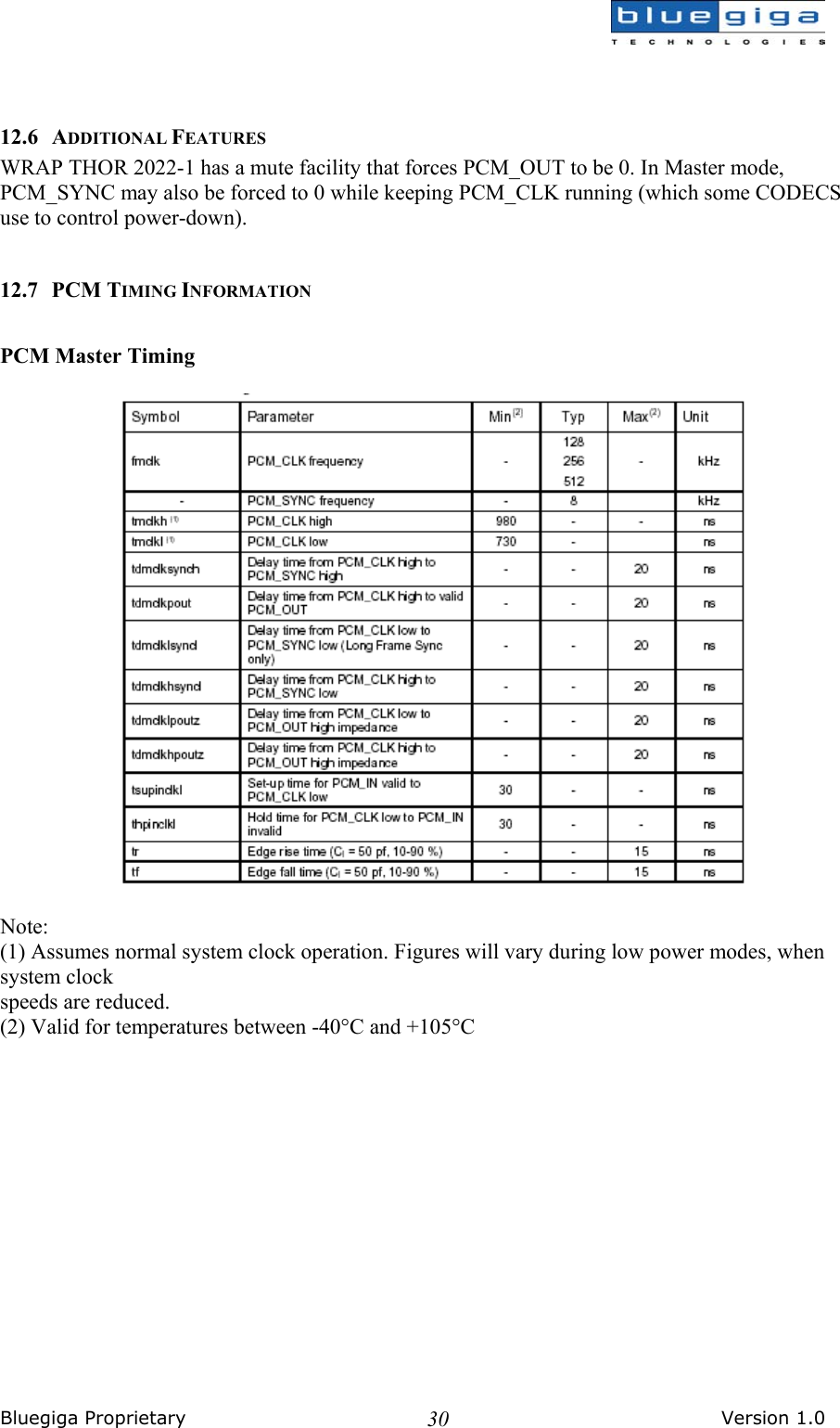  Bluegiga Proprietary       Version 1.0 30  12.6 ADDITIONAL FEATURES WRAP THOR 2022-1 has a mute facility that forces PCM_OUT to be 0. In Master mode, PCM_SYNC may also be forced to 0 while keeping PCM_CLK running (which some CODECS use to control power-down).  12.7 PCM TIMING INFORMATION  PCM Master Timing    Note: (1) Assumes normal system clock operation. Figures will vary during low power modes, when system clock speeds are reduced. (2) Valid for temperatures between -40°C and +105°C   