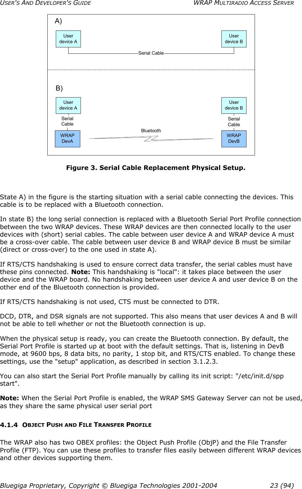 USER&apos;S AND DEVELOPER&apos;S GUIDE  WRAP MULTIRADIO ACCESS SERVER Serial CableUserdevice AUserdevice BSerialCableUserdevice AUserdevice BSerialCableWRAPDevAWRAPDevBBluetoothA)B) Figure 3. Serial Cable Replacement Physical Setup.  State A) in the figure is the starting situation with a serial cable connecting the devices. This cable is to be replaced with a Bluetooth connection.  In state B) the long serial connection is replaced with a Bluetooth Serial Port Profile connection between the two WRAP devices. These WRAP devices are then connected locally to the user devices with (short) serial cables. The cable between user device A and WRAP device A must be a cross-over cable. The cable between user device B and WRAP device B must be similar (direct or cross-over) to the one used in state A).  If RTS/CTS handshaking is used to ensure correct data transfer, the serial cables must have these pins connected. Note: This handshaking is &quot;local&quot;: it takes place between the user device and the WRAP board. No handshaking between user device A and user device B on the other end of the Bluetooth connection is provided. If RTS/CTS handshaking is not used, CTS must be connected to DTR. DCD, DTR, and DSR signals are not supported. This also means that user devices A and B will not be able to tell whether or not the Bluetooth connection is up.  When the physical setup is ready, you can create the Bluetooth connection. By default, the Serial Port Profile is started up at boot with the default settings. That is, listening in DevB mode, at 9600 bps, 8 data bits, no parity, 1 stop bit, and RTS/CTS enabled. To change these settings, use the &quot;setup&quot; application, as described in section 3.1.2.3. You can also start the Serial Port Profile manually by calling its init script: &quot;/etc/init.d/spp start&quot;. Note: When the Serial Port Profile is enabled, the WRAP SMS Gateway Server can not be used, as they share the same physical user serial port 4.1.4 OBJECT PUSH AND FILE TRANSFER PROFILE The WRAP also has two OBEX profiles: the Object Push Profile (ObjP) and the File Transfer Profile (FTP). You can use these profiles to transfer files easily between different WRAP devices and other devices supporting them.  Bluegiga Proprietary, Copyright © Bluegiga Technologies 2001-2004  23 (94) 