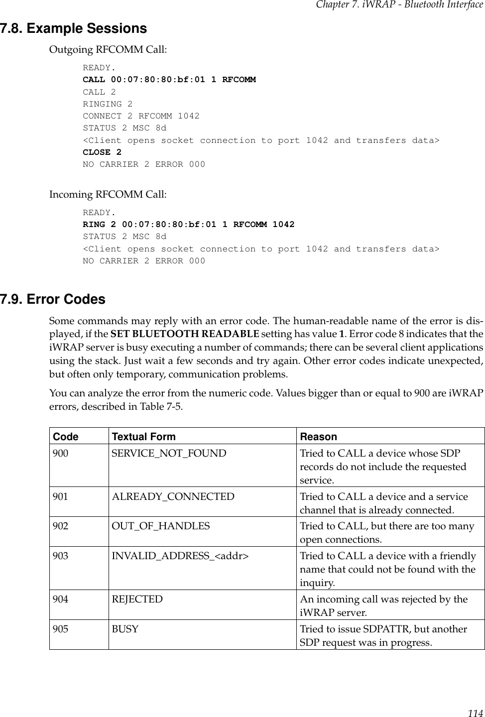 Chapter 7. iWRAP - Bluetooth Interface7.8. Example SessionsOutgoing RFCOMM Call:READY.CALL 00:07:80:80:bf:01 1 RFCOMMCALL 2RINGING 2CONNECT 2 RFCOMM 1042STATUS 2 MSC 8d&lt;Client opens socket connection to port 1042 and transfers data&gt;CLOSE 2NO CARRIER 2 ERROR 000Incoming RFCOMM Call:READY.RING 2 00:07:80:80:bf:01 1 RFCOMM 1042STATUS 2 MSC 8d&lt;Client opens socket connection to port 1042 and transfers data&gt;NO CARRIER 2 ERROR 0007.9. Error CodesSome commands may reply with an error code. The human-readable name of the error is dis-played, if the SET BLUETOOTH READABLE setting has value 1. Error code 8 indicates that theiWRAP server is busy executing a number of commands; there can be several client applicationsusing the stack. Just wait a few seconds and try again. Other error codes indicate unexpected,but often only temporary, communication problems.You can analyze the error from the numeric code. Values bigger than or equal to 900 are iWRAPerrors, described in Table 7-5.Code Textual Form Reason900 SERVICE_NOT_FOUND Tried to CALL a device whose SDPrecords do not include the requestedservice.901 ALREADY_CONNECTED Tried to CALL a device and a servicechannel that is already connected.902 OUT_OF_HANDLES Tried to CALL, but there are too manyopen connections.903 INVALID_ADDRESS_&lt;addr&gt; Tried to CALL a device with a friendlyname that could not be found with theinquiry.904 REJECTED An incoming call was rejected by theiWRAP server.905 BUSY Tried to issue SDPATTR, but anotherSDP request was in progress.114