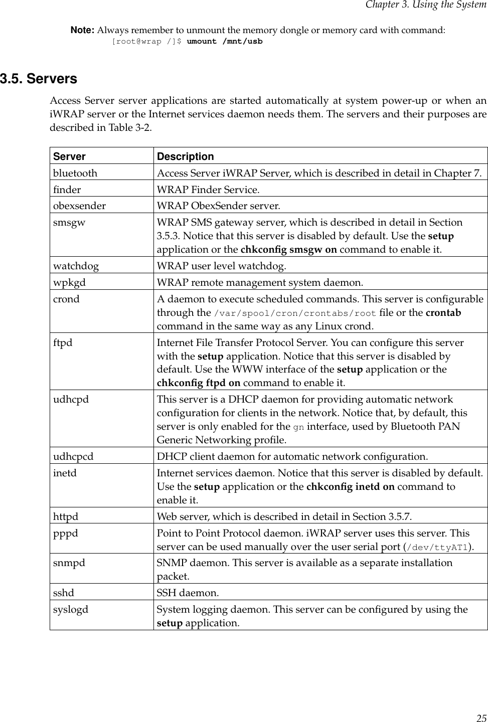 Chapter 3. Using the SystemNote: Always remember to unmount the memory dongle or memory card with command:[root@wrap /]$ umount /mnt/usb3.5. ServersAccess Server server applications are started automatically at system power-up or when aniWRAP server or the Internet services daemon needs them. The servers and their purposes aredescribed in Table 3-2.Server Descriptionbluetooth Access Server iWRAP Server, which is described in detail in Chapter 7.ﬁnder WRAP Finder Service.obexsender WRAP ObexSender server.smsgw WRAP SMS gateway server, which is described in detail in Section3.5.3. Notice that this server is disabled by default. Use the setupapplication or the chkconﬁg smsgw on command to enable it.watchdog WRAP user level watchdog.wpkgd WRAP remote management system daemon.crond A daemon to execute scheduled commands. This server is conﬁgurablethrough the /var/spool/cron/crontabs/root ﬁle or the crontabcommand in the same way as any Linux crond.ftpd Internet File Transfer Protocol Server. You can conﬁgure this serverwith the setup application. Notice that this server is disabled bydefault. Use the WWW interface of the setup application or thechkconﬁg ftpd on command to enable it.udhcpd This server is a DHCP daemon for providing automatic networkconﬁguration for clients in the network. Notice that, by default, thisserver is only enabled for the gn interface, used by Bluetooth PANGeneric Networking proﬁle.udhcpcd DHCP client daemon for automatic network conﬁguration.inetd Internet services daemon. Notice that this server is disabled by default.Use the setup application or the chkconﬁg inetd on command toenable it.httpd Web server, which is described in detail in Section 3.5.7.pppd Point to Point Protocol daemon. iWRAP server uses this server. Thisserver can be used manually over the user serial port (/dev/ttyAT1).snmpd SNMP daemon. This server is available as a separate installationpacket.sshd SSH daemon.syslogd System logging daemon. This server can be conﬁgured by using thesetup application.25