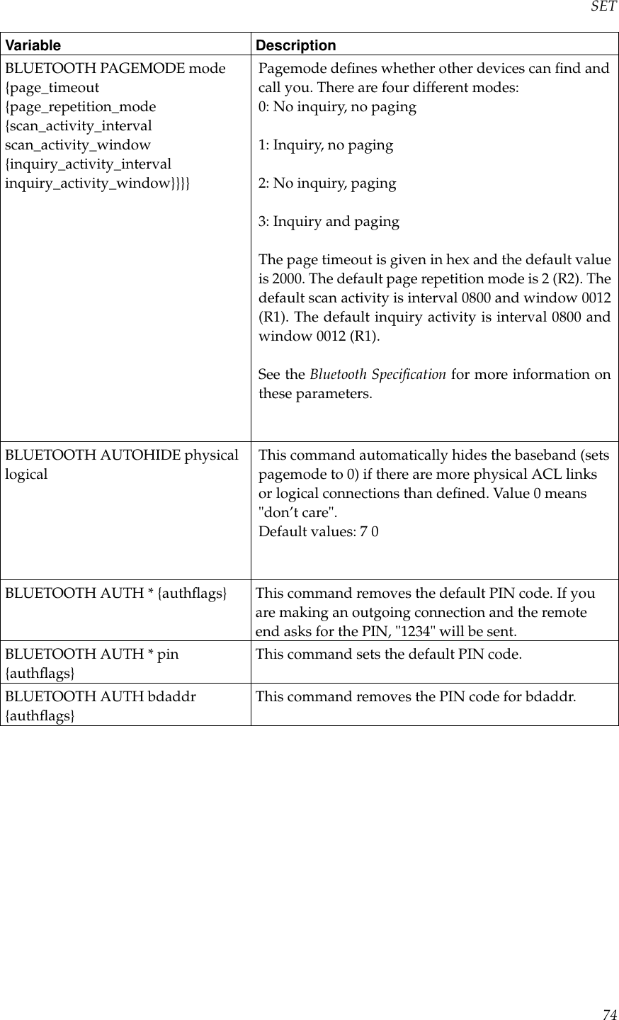 SETVariable DescriptionBLUETOOTH PAGEMODE mode{page_timeout{page_repetition_mode{scan_activity_intervalscan_activity_window{inquiry_activity_intervalinquiry_activity_window}}}}Pagemode deﬁnes whether other devices can ﬁnd andcall you. There are four different modes:0: No inquiry, no paging1: Inquiry, no paging2: No inquiry, paging3: Inquiry and pagingThe page timeout is given in hex and the default valueis 2000. The default page repetition mode is 2 (R2). Thedefault scan activity is interval 0800 and window 0012(R1). The default inquiry activity is interval 0800 andwindow 0012 (R1).See the Bluetooth Speciﬁcation for more information onthese parameters.BLUETOOTH AUTOHIDE physicallogicalThis command automatically hides the baseband (setspagemode to 0) if there are more physical ACL linksor logical connections than deﬁned. Value 0 means&quot;don’t care&quot;.Default values: 7 0BLUETOOTH AUTH * {authﬂags} This command removes the default PIN code. If youare making an outgoing connection and the remoteend asks for the PIN, &quot;1234&quot; will be sent.BLUETOOTH AUTH * pin{authﬂags}This command sets the default PIN code.BLUETOOTH AUTH bdaddr{authﬂags}This command removes the PIN code for bdaddr.74