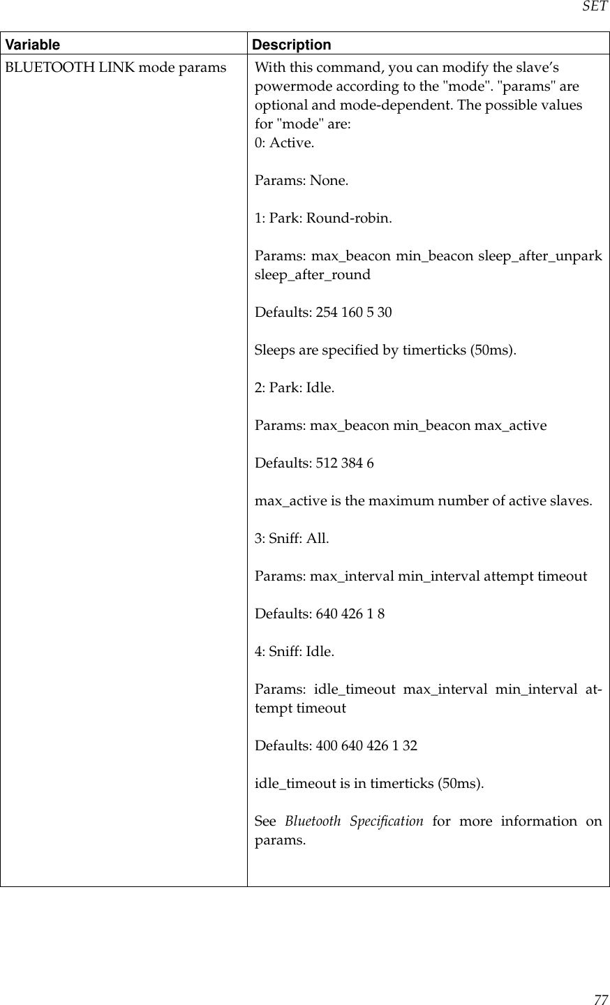 SETVariable DescriptionBLUETOOTH LINK mode params With this command, you can modify the slave’spowermode according to the &quot;mode&quot;. &quot;params&quot; areoptional and mode-dependent. The possible valuesfor &quot;mode&quot; are:0: Active.Params: None.1: Park: Round-robin.Params: max_beacon min_beacon sleep_after_unparksleep_after_roundDefaults: 254 160 5 30Sleeps are speciﬁed by timerticks (50ms).2: Park: Idle.Params: max_beacon min_beacon max_activeDefaults: 512 384 6max_active is the maximum number of active slaves.3: Sniff: All.Params: max_interval min_interval attempt timeoutDefaults: 640 426 1 84: Sniff: Idle.Params: idle_timeout max_interval min_interval at-tempt timeoutDefaults: 400 640 426 1 32idle_timeout is in timerticks (50ms).See Bluetooth Speciﬁcation for more information onparams.77