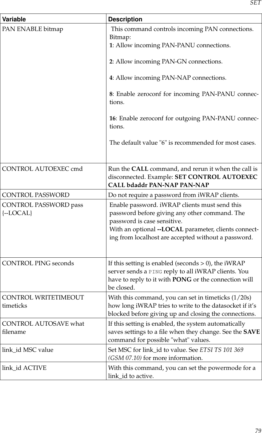 SETVariable DescriptionPAN ENABLE bitmap This command controls incoming PAN connections.Bitmap:1: Allow incoming PAN-PANU connections.2: Allow incoming PAN-GN connections.4: Allow incoming PAN-NAP connections.8: Enable zeroconf for incoming PAN-PANU connec-tions.16: Enable zeroconf for outgoing PAN-PANU connec-tions.The default value &quot;6&quot; is recommended for most cases.CONTROL AUTOEXEC cmd Run the CALL command, and rerun it when the call isdisconnected. Example: SET CONTROL AUTOEXECCALL bdaddr PAN-NAP PAN-NAPCONTROL PASSWORD Do not require a password from iWRAP clients.CONTROL PASSWORD pass{--LOCAL}Enable password. iWRAP clients must send thispassword before giving any other command. Thepassword is case sensitive.With an optional --LOCAL parameter, clients connect-ing from localhost are accepted without a password.CONTROL PING seconds If this setting is enabled (seconds &gt; 0), the iWRAPserver sends a PING reply to all iWRAP clients. Youhave to reply to it with PONG or the connection willbe closed.CONTROL WRITETIMEOUTtimeticksWith this command, you can set in timeticks (1/20s)how long iWRAP tries to write to the datasocket if it’sblocked before giving up and closing the connections.CONTROL AUTOSAVE whatﬁlenameIf this setting is enabled, the system automaticallysaves settings to a ﬁle when they change. See the SAVEcommand for possible &quot;what&quot; values.link_id MSC value Set MSC for link_id to value. See ETSI TS 101 369(GSM 07.10) for more information.link_id ACTIVE With this command, you can set the powermode for alink_id to active.79