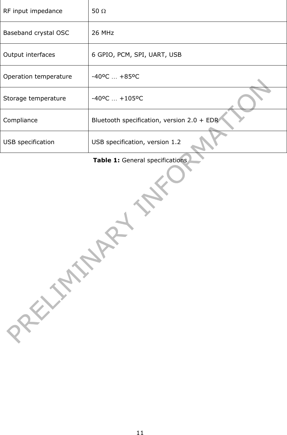   11RF input impedance  50 Ω Baseband crystal OSC  26 MHz Output interfaces  6 GPIO, PCM, SPI, UART, USB Operation temperature  -40ºC … +85ºC Storage temperature  -40ºC … +105ºC Compliance  Bluetooth specification, version 2.0 + EDR USB specification  USB specification, version 1.2 Table 1: General specifications  