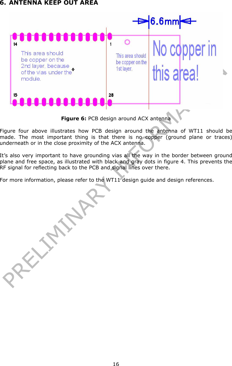   166. ANTENNA KEEP OUT AREA  Figure 6: PCB design around ACX antenna Figure four above illustrates how PCB design around the antenna of WT11 should be made. The most important thing is that there is no copper (ground plane or traces) underneath or in the close proximity of the ACX antenna. It’s also very important to have grounding vias all the way in the border between ground plane and free space, as illustrated with black and gray dots in figure 4. This prevents the RF signal for reflecting back to the PCB and signal lines over there. For more information, please refer to the WT11 design guide and design references. 