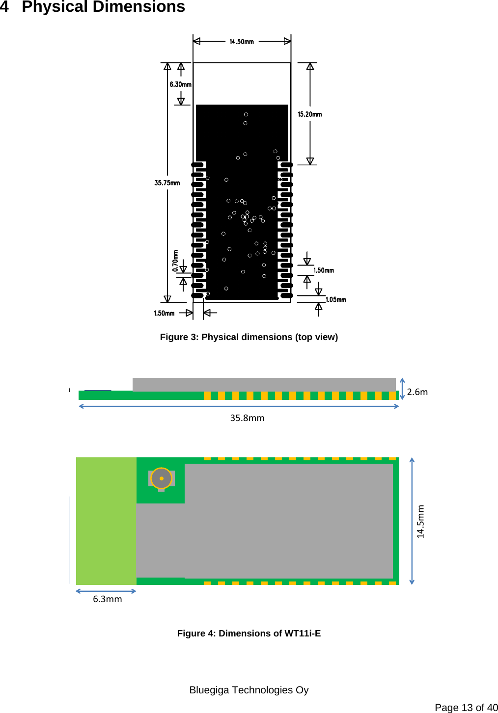   Bluegiga Technologies Oy Page 13 of 40 4 Physical Dimensions  Figure 3: Physical dimensions (top view)  2.6m35.8mmm14.5mm6.3mm  Figure 4: Dimensions of WT11i-E 