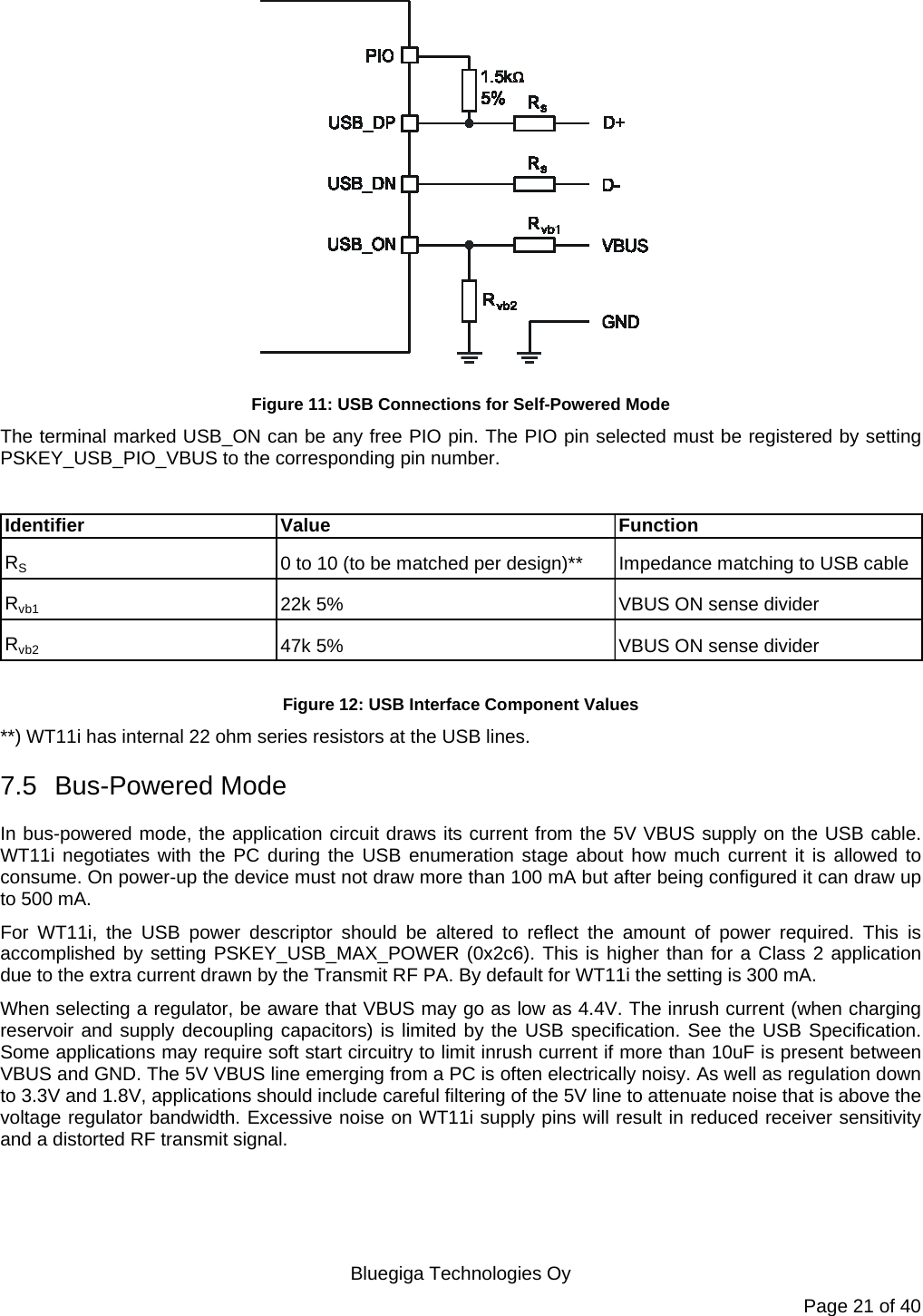   Bluegiga Technologies Oy Page 21 of 40  Figure 11: USB Connections for Self-Powered Mode The terminal marked USB_ON can be any free PIO pin. The PIO pin selected must be registered by setting PSKEY_USB_PIO_VBUS to the corresponding pin number.  IdentifierValue FunctionRS0 to 10 (to be matched per design)** Impedance matching to USB cableRvb122k 5% VBUS ON sense dividerRvb247k 5% VBUS ON sense divider Figure 12: USB Interface Component Values **) WT11i has internal 22 ohm series resistors at the USB lines. 7.5 Bus-Powered Mode In bus-powered mode, the application circuit draws its current from the 5V VBUS supply on the USB cable. WT11i negotiates with the PC during the USB enumeration stage about how much current it is allowed to consume. On power-up the device must not draw more than 100 mA but after being configured it can draw up to 500 mA. For WT11i, the USB power descriptor should be altered to reflect the amount of power required. This is accomplished by setting PSKEY_USB_MAX_POWER (0x2c6). This is higher than for a Class 2 application due to the extra current drawn by the Transmit RF PA. By default for WT11i the setting is 300 mA. When selecting a regulator, be aware that VBUS may go as low as 4.4V. The inrush current (when charging reservoir and supply decoupling capacitors) is limited by the USB specification. See the USB Specification. Some applications may require soft start circuitry to limit inrush current if more than 10uF is present between VBUS and GND. The 5V VBUS line emerging from a PC is often electrically noisy. As well as regulation down to 3.3V and 1.8V, applications should include careful filtering of the 5V line to attenuate noise that is above the voltage regulator bandwidth. Excessive noise on WT11i supply pins will result in reduced receiver sensitivity and a distorted RF transmit signal. 