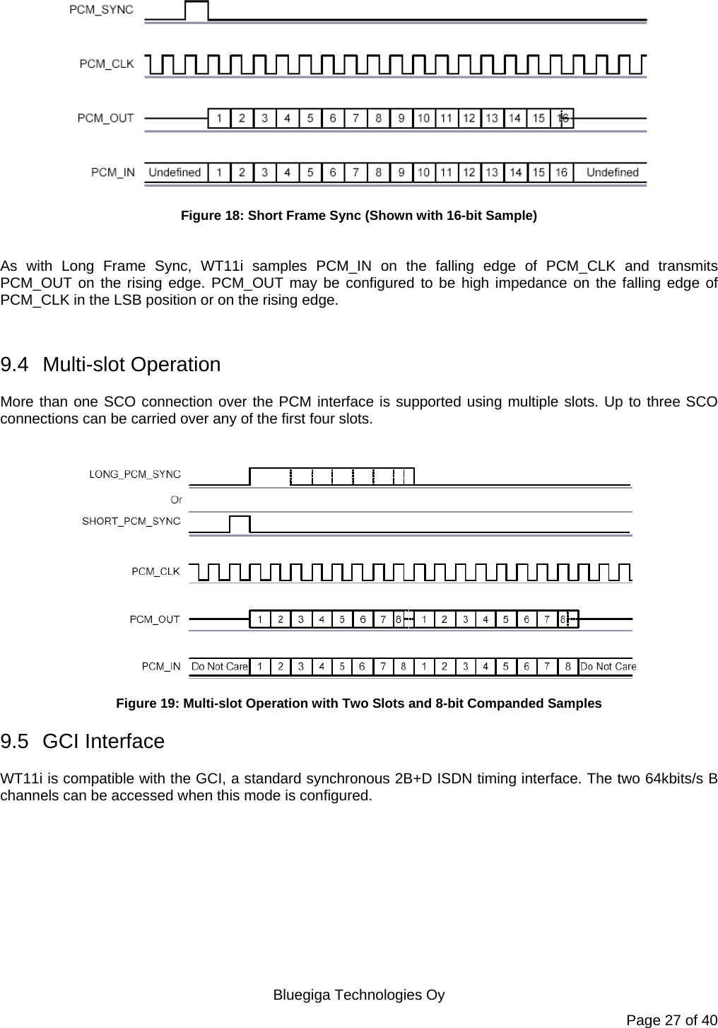   Bluegiga Technologies Oy Page 27 of 40  Figure 18: Short Frame Sync (Shown with 16-bit Sample)  As with Long Frame Sync, WT11i samples PCM_IN on the falling edge of PCM_CLK and transmits PCM_OUT on the rising edge. PCM_OUT may be configured to be high impedance on the falling edge of PCM_CLK in the LSB position or on the rising edge.  9.4 Multi-slot Operation More than one SCO connection over the PCM interface is supported using multiple slots. Up to three SCO connections can be carried over any of the first four slots.   Figure 19: Multi-slot Operation with Two Slots and 8-bit Companded Samples 9.5 GCI Interface WT11i is compatible with the GCI, a standard synchronous 2B+D ISDN timing interface. The two 64kbits/s B channels can be accessed when this mode is configured. 