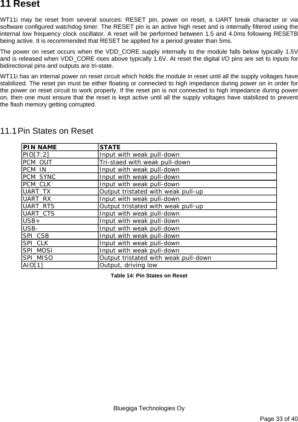   Bluegiga Technologies Oy Page 33 of 40 11 Reset WT11i may be reset from several sources: RESET pin, power on reset, a UART break character or via software configured watchdog timer. The RESET pin is an active high reset and is internally filtered using the internal low frequency clock oscillator. A reset will be performed between 1.5 and 4.0ms following RESETB being active. It is recommended that RESET be applied for a period greater than 5ms. The power on reset occurs when the VDD_CORE supply internally to the module falls below typically 1.5V and is released when VDD_CORE rises above typically 1.6V. At reset the digital I/O pins are set to inputs for bidirectional pins and outputs are tri-state. WT11i has an internal power on reset circuit which holds the module in reset until all the supply voltages have stabilized. The reset pin must be either floating or connected to high impedance during power on in order for the power on reset circuit to work properly. If the reset pin is not connected to high impedance during power on, then one must ensure that the reset is kept active until all the supply voltages have stabilized to prevent the flash memory getting corrupted.   11.1 Pin States on Reset PIN NAME STATEPIO[7:2]Input with weak pull-downPCM_OUT Tri-staed with weak pull-downPCM_IN Input with weak pull-downPCM_SYNC Input with weak pull-downPCM_CLK Input with weak pull-downUART_TX Output tristated with weak pull-upUART_RX Input with weak pull-downUART_RTS Output tristated with weak pull-upUART_CTS Input with weak pull-downUSB+ Input with weak pull-downUSB- Input with weak pull-downSPI_CSB Input with weak pull-downSPI_CLK Input with weak pull-downSPI_MOSI Input with weak pull-downSPI_MISO Output tristated with weak pull-downAIO[1]Output, driving low Table 14: Pin States on Reset    