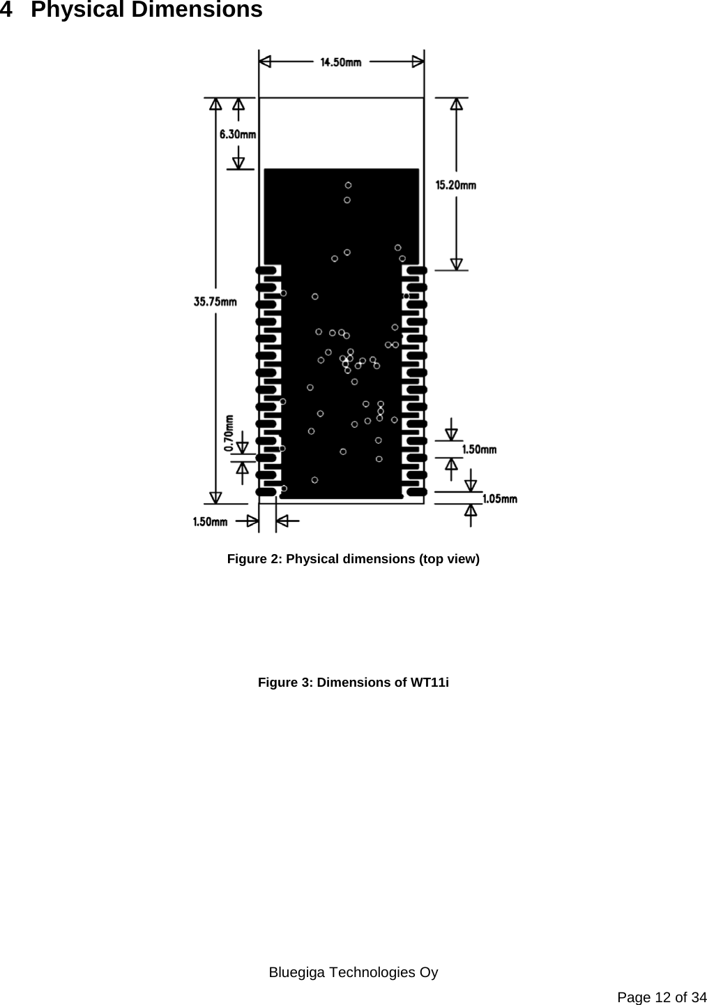   Bluegiga Technologies Oy Page 12 of 34 4  Physical Dimensions  Figure 2: Physical dimensions (top view)     Figure 3: Dimensions of WT11i 