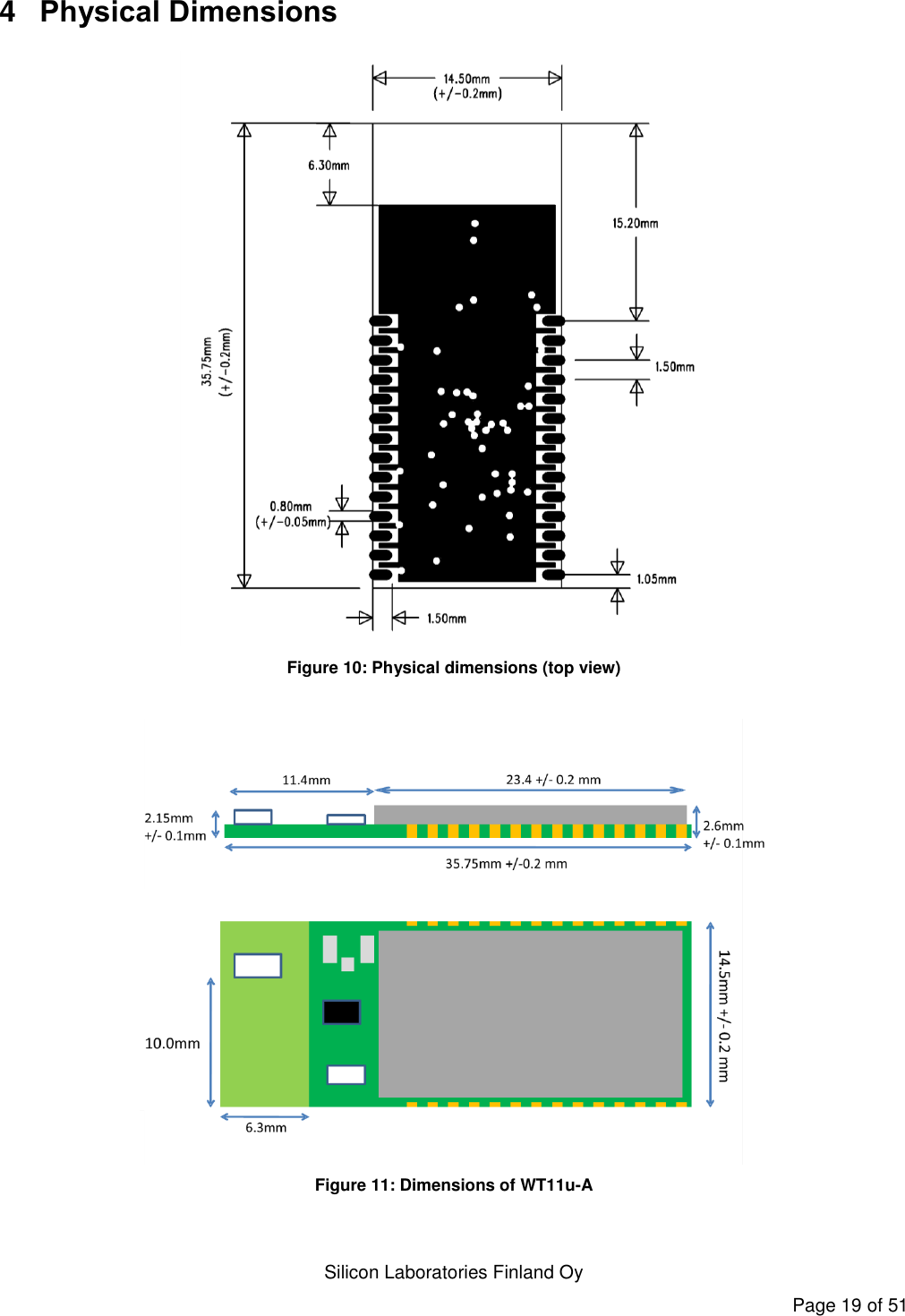   Silicon Laboratories Finland Oy Page 19 of 51 4  Physical Dimensions  Figure 10: Physical dimensions (top view)   Figure 11: Dimensions of WT11u-A 