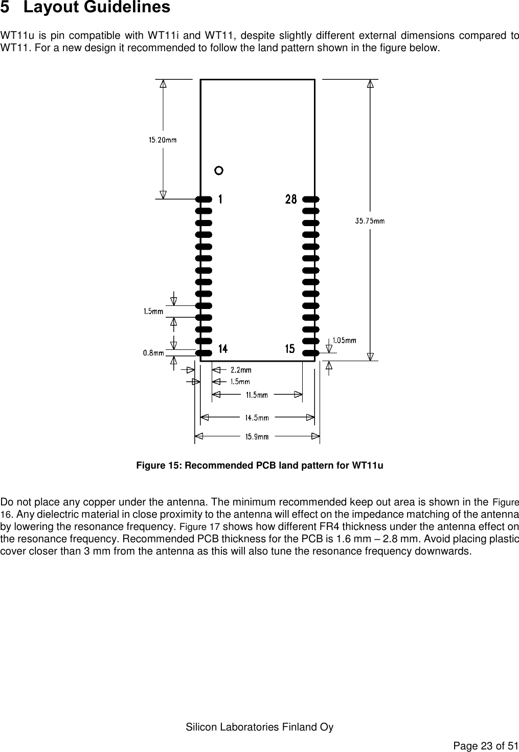   Silicon Laboratories Finland Oy Page 23 of 51 5  Layout Guidelines WT11u is pin compatible with WT11i and WT11, despite slightly different external dimensions compared to WT11. For a new design it recommended to follow the land pattern shown in the figure below.  Figure 15: Recommended PCB land pattern for WT11u  Do not place any copper under the antenna. The minimum recommended keep out area is shown in the Figure 16. Any dielectric material in close proximity to the antenna will effect on the impedance matching of the antenna by lowering the resonance frequency. Figure 17 shows how different FR4 thickness under the antenna effect on the resonance frequency. Recommended PCB thickness for the PCB is 1.6 mm – 2.8 mm. Avoid placing plastic cover closer than 3 mm from the antenna as this will also tune the resonance frequency downwards.    