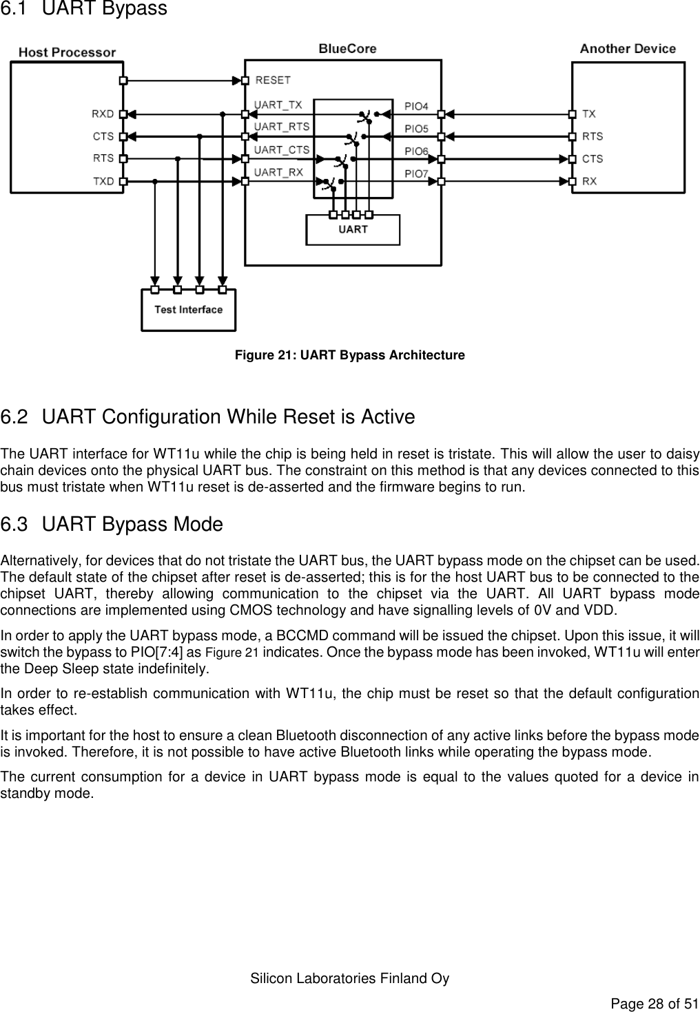   Silicon Laboratories Finland Oy Page 28 of 51 6.1  UART Bypass  Figure 21: UART Bypass Architecture  6.2  UART Configuration While Reset is Active The UART interface for WT11u while the chip is being held in reset is tristate. This will allow the user to daisy chain devices onto the physical UART bus. The constraint on this method is that any devices connected to this bus must tristate when WT11u reset is de-asserted and the firmware begins to run. 6.3  UART Bypass Mode Alternatively, for devices that do not tristate the UART bus, the UART bypass mode on the chipset can be used. The default state of the chipset after reset is de-asserted; this is for the host UART bus to be connected to the chipset  UART,  thereby  allowing  communication  to  the  chipset  via  the  UART.  All  UART  bypass  mode connections are implemented using CMOS technology and have signalling levels of 0V and VDD. In order to apply the UART bypass mode, a BCCMD command will be issued the chipset. Upon this issue, it will switch the bypass to PIO[7:4] as Figure 21 indicates. Once the bypass mode has been invoked, WT11u will enter the Deep Sleep state indefinitely. In order to re-establish communication with WT11u, the chip must be reset so that the default configuration takes effect. It is important for the host to ensure a clean Bluetooth disconnection of any active links before the bypass mode is invoked. Therefore, it is not possible to have active Bluetooth links while operating the bypass mode. The current consumption for a device in UART  bypass mode is equal to the values quoted for  a device  in standby mode. 