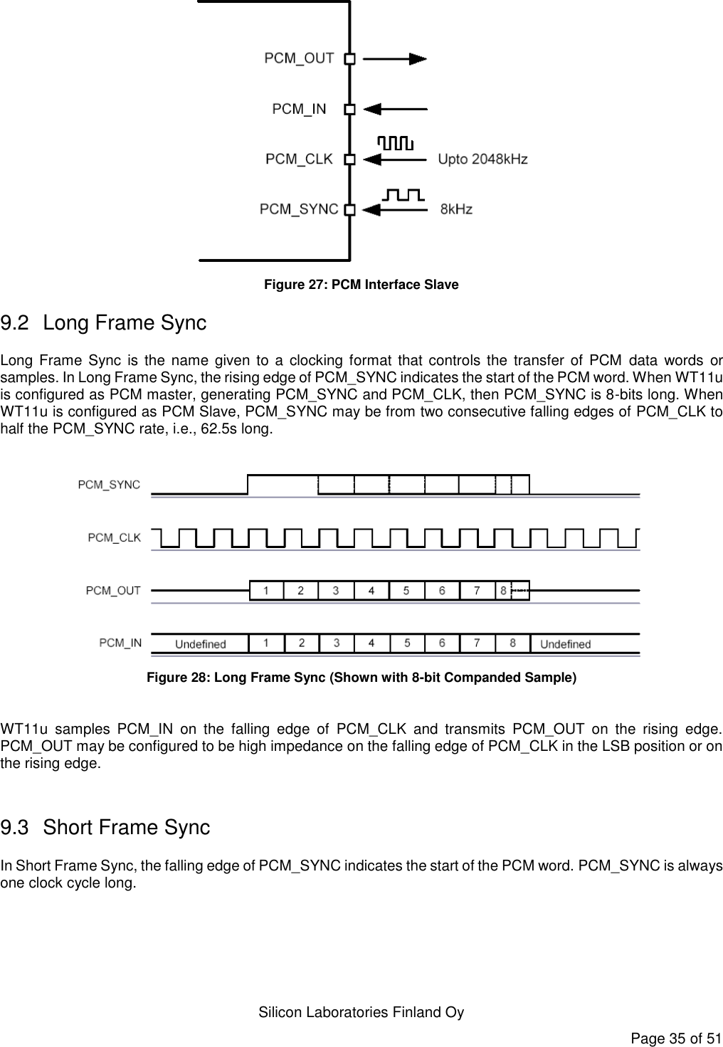   Silicon Laboratories Finland Oy Page 35 of 51  Figure 27: PCM Interface Slave 9.2  Long Frame Sync Long Frame Sync is  the  name given to a clocking format that controls  the transfer of  PCM  data  words  or samples. In Long Frame Sync, the rising edge of PCM_SYNC indicates the start of the PCM word. When WT11u is configured as PCM master, generating PCM_SYNC and PCM_CLK, then PCM_SYNC is 8-bits long. When WT11u is configured as PCM Slave, PCM_SYNC may be from two consecutive falling edges of PCM_CLK to half the PCM_SYNC rate, i.e., 62.5s long.   Figure 28: Long Frame Sync (Shown with 8-bit Companded Sample)  WT11u  samples  PCM_IN  on  the  falling  edge  of  PCM_CLK  and  transmits  PCM_OUT  on  the  rising  edge. PCM_OUT may be configured to be high impedance on the falling edge of PCM_CLK in the LSB position or on the rising edge.  9.3  Short Frame Sync In Short Frame Sync, the falling edge of PCM_SYNC indicates the start of the PCM word. PCM_SYNC is always one clock cycle long. 