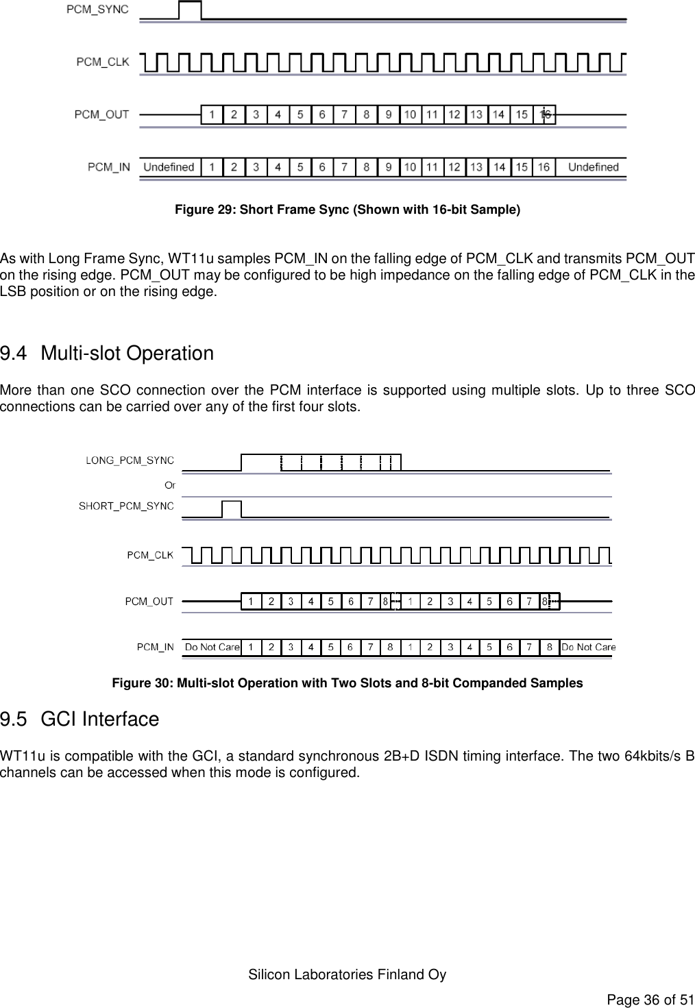   Silicon Laboratories Finland Oy Page 36 of 51  Figure 29: Short Frame Sync (Shown with 16-bit Sample)  As with Long Frame Sync, WT11u samples PCM_IN on the falling edge of PCM_CLK and transmits PCM_OUT on the rising edge. PCM_OUT may be configured to be high impedance on the falling edge of PCM_CLK in the LSB position or on the rising edge.  9.4  Multi-slot Operation More than one SCO connection over the PCM interface is supported using multiple slots.  Up to three SCO connections can be carried over any of the first four slots.   Figure 30: Multi-slot Operation with Two Slots and 8-bit Companded Samples 9.5  GCI Interface WT11u is compatible with the GCI, a standard synchronous 2B+D ISDN timing interface. The two 64kbits/s B channels can be accessed when this mode is configured. 