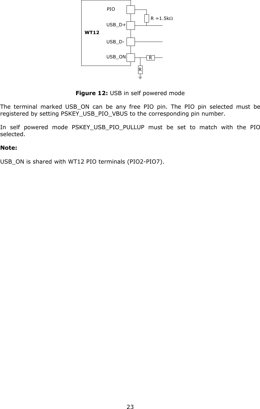   23PIOUSB_D+USB_D-USB_ONR =1.5kΩRRWT12 Figure 12: USB in self powered mode The terminal marked USB_ON can be any free PIO pin. The PIO pin selected must be registered by setting PSKEY_USB_PIO_VBUS to the corresponding pin number. In self powered mode PSKEY_USB_PIO_PULLUP must be set to match with the PIO selected. Note: USB_ON is shared with WT12 PIO terminals (PIO2-PIO7). 