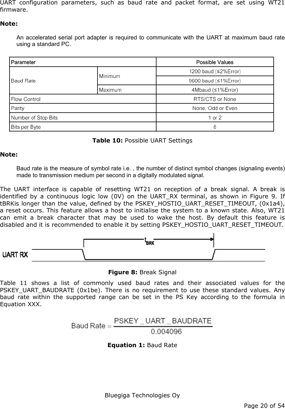   Bluegiga Technologies Oy Page 20 of 54 UART configuration parameters, such as baud rate and packet format, are set using WT21 firmware. Note: An accelerated serial port adapter is required to communicate with the UART at maximum baud rate using a standard PC.  Table 10: Possible UART Settings Note: Baud rate is the measure of symbol rate i.e. , the number of distinct symbol changes (signaling events) made to transmission medium per second in a digitally modulated signal. The UART interface is capable of resetting WT21 on reception of a break signal. A break is identified by a continuous logic low (0V) on the UART_RX terminal, as shown in Figure 9. If tBRKis longer than the value, defined by the PSKEY_HOSTIO_UART_RESET_TIMEOUT, (0x1a4), a reset occurs. This feature allows a host to initialise the system to a known state. Also, WT21 can emit a break character that may be used to wake the host. By default this feature is disabled and it is recommended to enable it by setting PSKEY_HOSTIO_UART_RESET_TIMEOUT.  Figure 8: Break Signal Table 11 shows a list of commonly used baud rates and their associated values for the PSKEY_UART_BAUDRATE (0x1be). There is no requirement to use these standard values. Any baud rate within the supported range can be set in the PS Key according to the formula in Equation XXX.  Equation 1: Baud Rate 