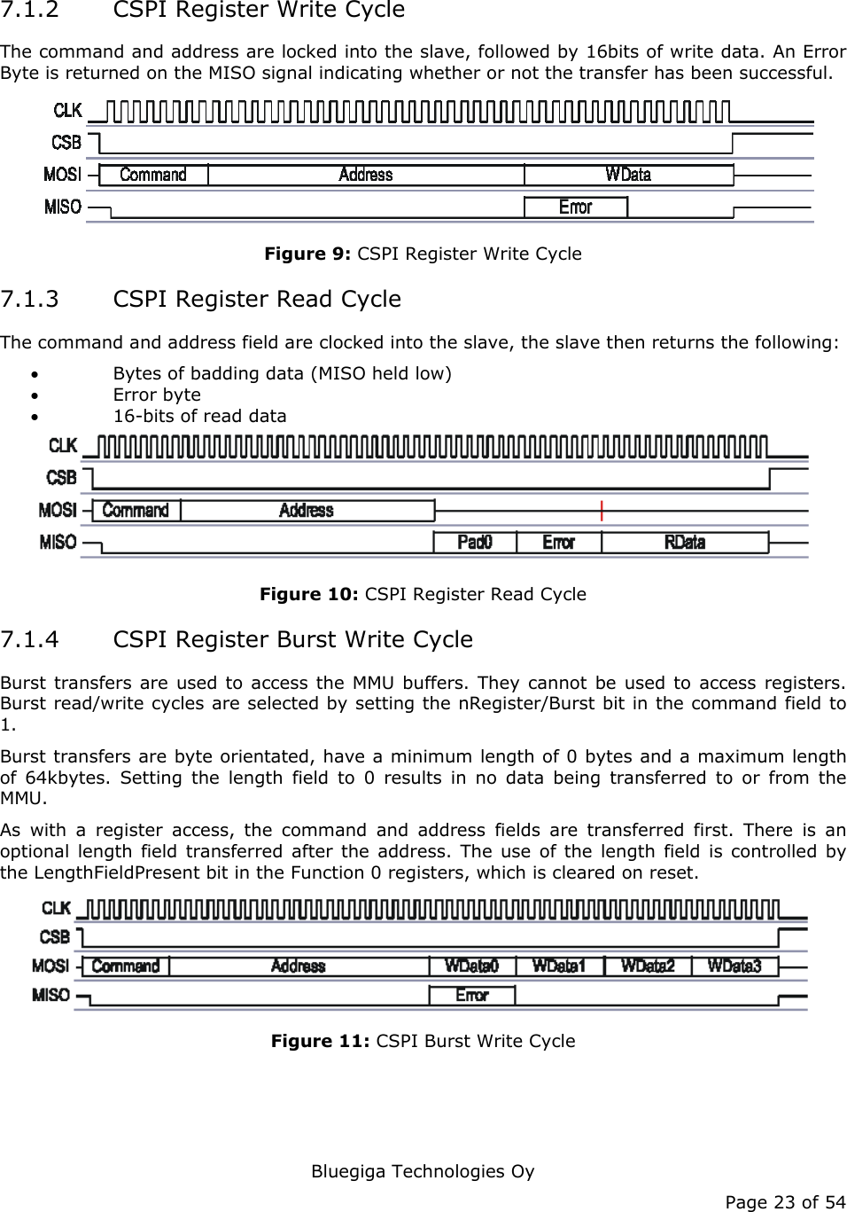   Bluegiga Technologies Oy Page 23 of 54 7.1.2 CSPI Register Write Cycle The command and address are locked into the slave, followed by 16bits of write data. An Error Byte is returned on the MISO signal indicating whether or not the transfer has been successful.  Figure 9: CSPI Register Write Cycle 7.1.3 CSPI Register Read Cycle The command and address field are clocked into the slave, the slave then returns the following: • Bytes of badding data (MISO held low) • Error byte • 16-bits of read data  Figure 10: CSPI Register Read Cycle 7.1.4 CSPI Register Burst Write Cycle Burst transfers are used to access the MMU buffers. They cannot be used to access registers. Burst read/write cycles are selected by setting the nRegister/Burst bit in the command field to 1. Burst transfers are byte orientated, have a minimum length of 0 bytes and a maximum length of 64kbytes. Setting the length field to 0 results in no data being transferred to or from the MMU. As with a register access, the command and address fields are transferred first. There is an optional length field transferred after the address. The use of the length field is controlled by the LengthFieldPresent bit in the Function 0 registers, which is cleared on reset.  Figure 11: CSPI Burst Write Cycle 