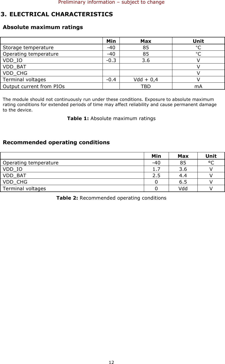 Preliminary information – subject to change  12 3. ELECTRICAL CHARACTERISTICS Absolute maximum ratings             Min  Max  Unit Storage temperature  -40  85  °C Operating temperature  -40  85  °C VDD_IO  -0.3  3.6  V VDD_BAT        V VDD_CHG        V Terminal voltages  -0.4  Vdd + 0,4  V Output current from PIOs     TBD  mA        The module should not continuously run under these conditions. Exposure to absolute maximum rating conditions for extended periods of time may affect reliability and cause permanent damage to the device. Table 1: Absolute maximum ratings  Recommended operating conditions           Min  Max  Unit Operating temperature  -40  85  °C VDD_IO  1.7  3.6  V VDD_BAT  2.5  4.4  V VDD_CHG  0  6.5  V Terminal voltages  0  Vdd  V Table 2: Recommended operating conditions 