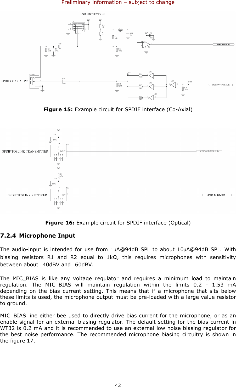 Preliminary information – subject to change  42  Figure 15: Example circuit for SPDIF interface (Co-Axial)   Figure 16: Example circuit for SPDIF interface (Optical) 7.2.4 Microphone Input The audio-input is intended for use from  1μA@94dB SPL  to  about 10μA@94dB  SPL. With biasing  resistors  R1  and  R2  equal  to  1kΩ,  this  requires  microphones  with  sensitivity between about –40dBV and –60dBV.  The  MIC_BIAS  is  like  any  voltage  regulator  and  requires  a  minimum  load  to  maintain regulation.  The  MIC_BIAS  will  maintain  regulation  within  the  limits  0.2  -  1.53  mA depending  on  the  bias  current  setting.  This  means  that  if  a  microphone  that  sits  below these limits is used, the microphone output must be pre-loaded with a large value resistor to ground.  MIC_BIAS line either bee used to directly drive bias current for the microphone, or as an enable signal for an external biasing regulator. The default setting for the bias current in WT32 is 0.2 mA and it is recommended to use an external low noise biasing regulator for the  best  noise  performance.  The  recommended  microphone  biasing  circuitry  is  shown  in the figure 17. 