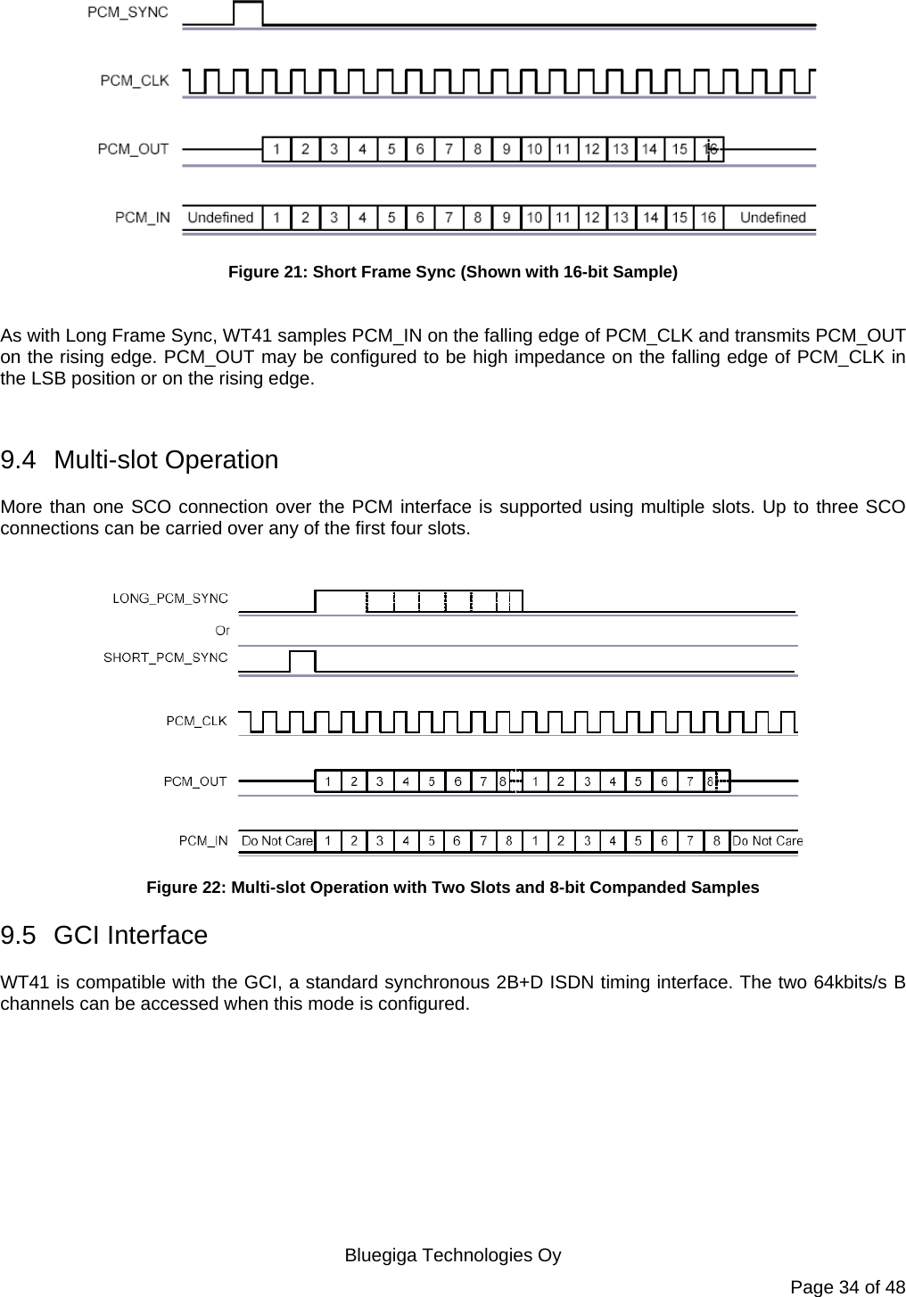   Bluegiga Technologies Oy Page 34 of 48  Figure 21: Short Frame Sync (Shown with 16-bit Sample)  As with Long Frame Sync, WT41 samples PCM_IN on the falling edge of PCM_CLK and transmits PCM_OUT on the rising edge. PCM_OUT may be configured to be high impedance on the falling edge of PCM_CLK in the LSB position or on the rising edge.  9.4 Multi-slot Operation More than one SCO connection over the PCM interface is supported using multiple slots. Up to three SCO connections can be carried over any of the first four slots.   Figure 22: Multi-slot Operation with Two Slots and 8-bit Companded Samples 9.5 GCI Interface WT41 is compatible with the GCI, a standard synchronous 2B+D ISDN timing interface. The two 64kbits/s B channels can be accessed when this mode is configured. 