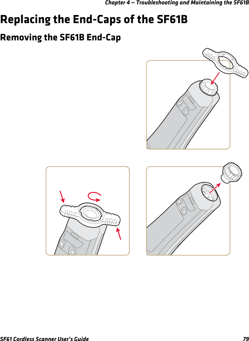 Chapter 4 — Troubleshooting and Maintaining the SF61BSF61 Cordless Scanner User’s Guide 79Replacing the End-Caps of the SF61BRemoving the SF61B End-Cap