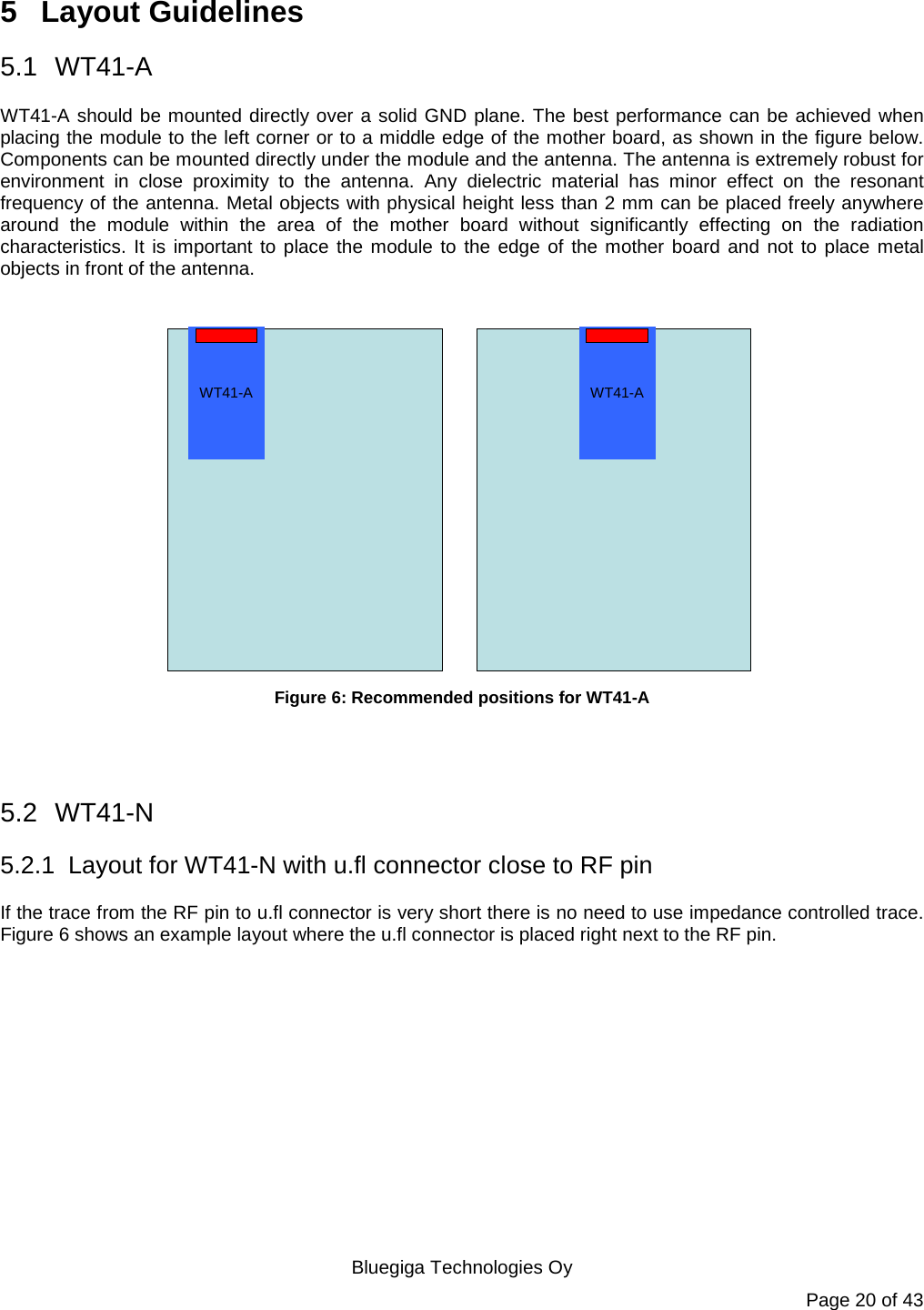   Bluegiga Technologies Oy Page 20 of 43 5  Layout Guidelines 5.1 WT41-A WT41-A should be mounted directly over a solid GND plane. The best performance can be achieved when placing the module to the left corner or to a middle edge of the mother board, as shown in the figure below. Components can be mounted directly under the module and the antenna. The antenna is extremely robust for environment in close proximity to the antenna. Any dielectric material has minor effect on the resonant frequency of the antenna. Metal objects with physical height less than 2 mm can be placed freely anywhere around the module within the area of the mother board without significantly effecting on the radiation characteristics. It is important to place the module to the edge of the mother board and not to place metal objects in front of the antenna.  WT41-A WT41-A Figure 6: Recommended positions for WT41-A   5.2 WT41-N 5.2.1 Layout for WT41-N with u.fl connector close to RF pin If the trace from the RF pin to u.fl connector is very short there is no need to use impedance controlled trace. Figure 6 shows an example layout where the u.fl connector is placed right next to the RF pin. 