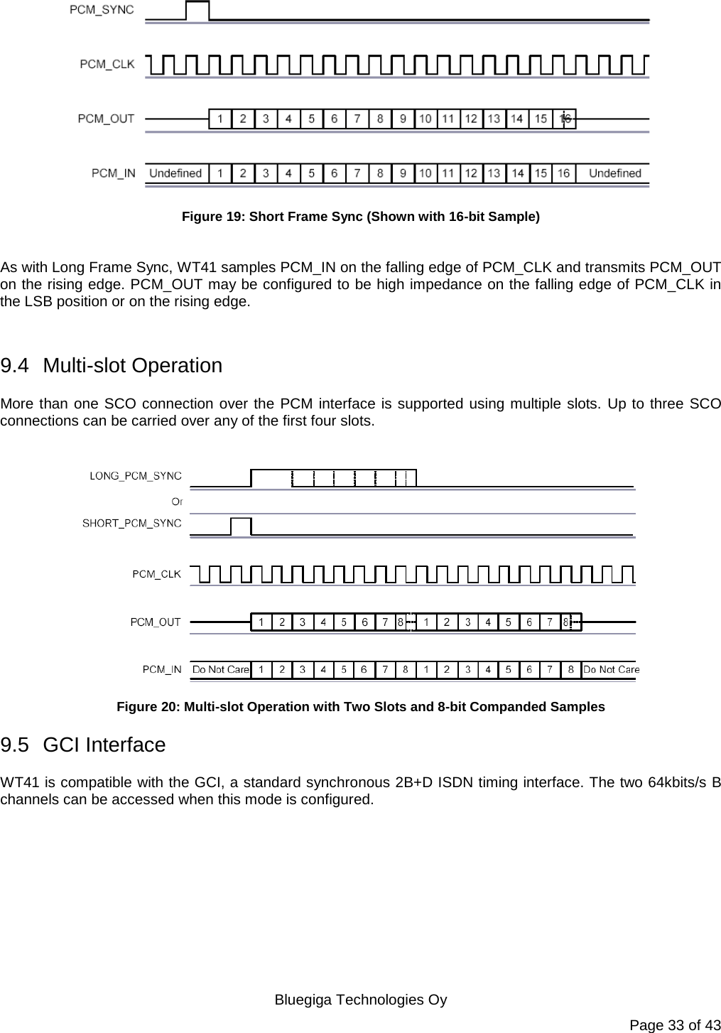   Bluegiga Technologies Oy Page 33 of 43  Figure 19: Short Frame Sync (Shown with 16-bit Sample)  As with Long Frame Sync, WT41 samples PCM_IN on the falling edge of PCM_CLK and transmits PCM_OUT on the rising edge. PCM_OUT may be configured to be high impedance on the falling edge of PCM_CLK in the LSB position or on the rising edge.  9.4 Multi-slot Operation More than one SCO connection over the PCM interface is supported using multiple slots. Up to three SCO connections can be carried over any of the first four slots.   Figure 20: Multi-slot Operation with Two Slots and 8-bit Companded Samples 9.5 GCI Interface WT41 is compatible with the GCI, a standard synchronous 2B+D ISDN timing interface. The two 64kbits/s B channels can be accessed when this mode is configured. 