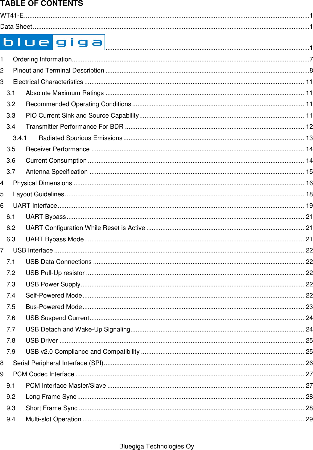   Bluegiga Technologies Oy TABLE OF CONTENTS WT41-E .................................................................................................................................................................1 Data Sheet ............................................................................................................................................................1  ...................................................................................................................1 1 Ordering Information......................................................................................................................................7 2 Pinout and Terminal Description ...................................................................................................................8 3 Electrical Characteristics ............................................................................................................................ 11 3.1 Absolute Maximum Ratings ................................................................................................................ 11 3.2 Recommended Operating Conditions ................................................................................................. 11 3.3 PIO Current Sink and Source Capability ............................................................................................. 11 3.4 Transmitter Performance For BDR ..................................................................................................... 12 3.4.1 Radiated Spurious Emissions ...................................................................................................... 13 3.5 Receiver Performance ........................................................................................................................ 14 3.6 Current Consumption .......................................................................................................................... 14 3.7 Antenna Specification ......................................................................................................................... 15 4 Physical Dimensions .................................................................................................................................. 16 5 Layout Guidelines ....................................................................................................................................... 18 6 UART Interface ........................................................................................................................................... 19 6.1 UART Bypass ...................................................................................................................................... 21 6.2 UART Configuration While Reset is Active ......................................................................................... 21 6.3 UART Bypass Mode ............................................................................................................................ 21 7 USB Interface ............................................................................................................................................. 22 7.1 USB Data Connections ....................................................................................................................... 22 7.2 USB Pull-Up resistor ........................................................................................................................... 22 7.3 USB Power Supply .............................................................................................................................. 22 7.4 Self-Powered Mode ............................................................................................................................. 22 7.5 Bus-Powered Mode ............................................................................................................................. 23 7.6 USB Suspend Current ......................................................................................................................... 24 7.7 USB Detach and Wake-Up Signaling.................................................................................................. 24 7.8 USB Driver .......................................................................................................................................... 25 7.9 USB v2.0 Compliance and Compatibility ............................................................................................ 25 8 Serial Peripheral Interface (SPI) ................................................................................................................. 26 9 PCM Codec Interface ................................................................................................................................. 27 9.1 PCM Interface Master/Slave ............................................................................................................... 27 9.2 Long Frame Sync ................................................................................................................................ 28 9.3 Short Frame Sync ............................................................................................................................... 28 9.4 Multi-slot Operation ............................................................................................................................. 29 