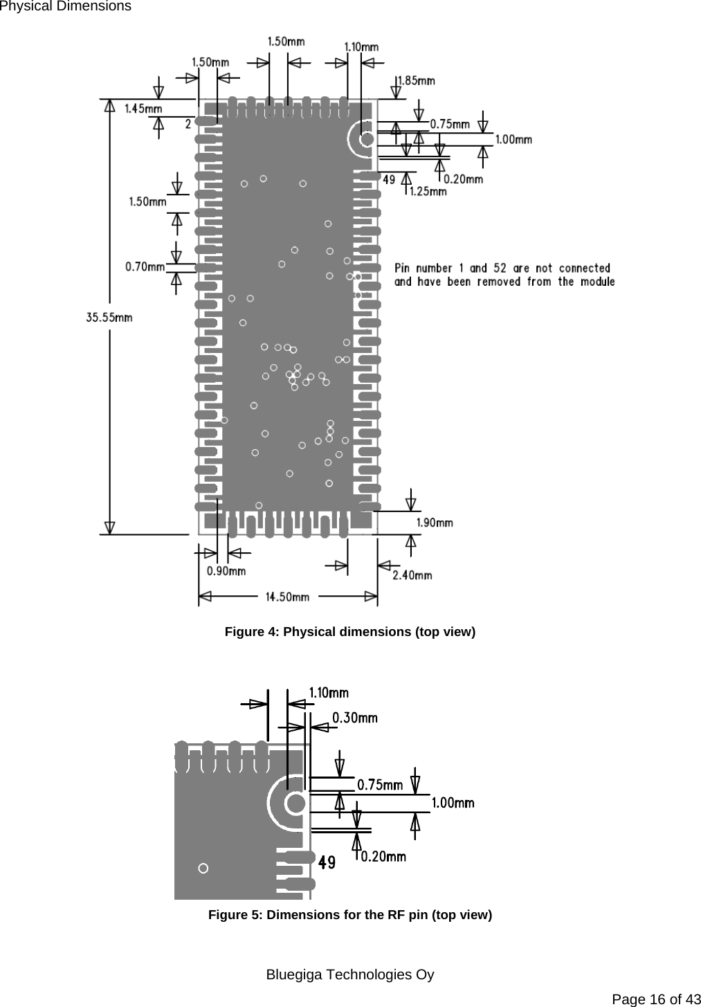   Bluegiga Technologies Oy Page 16 of 43 Physical Dimensions  Figure 4: Physical dimensions (top view)   Figure 5: Dimensions for the RF pin (top view)  