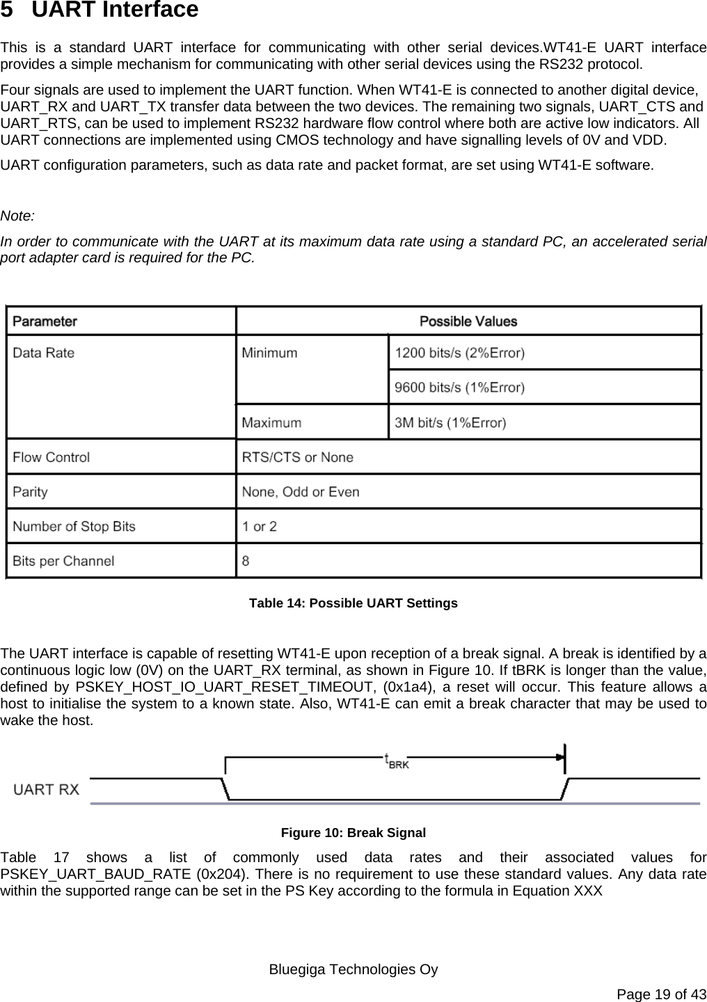   Bluegiga Technologies Oy Page 19 of 43 5 UART Interface This is a standard UART interface for communicating with other serial devices.WT41-E UART interface provides a simple mechanism for communicating with other serial devices using the RS232 protocol.  Four signals are used to implement the UART function. When WT41-E is connected to another digital device, UART_RX and UART_TX transfer data between the two devices. The remaining two signals, UART_CTS and UART_RTS, can be used to implement RS232 hardware flow control where both are active low indicators. All UART connections are implemented using CMOS technology and have signalling levels of 0V and VDD.  UART configuration parameters, such as data rate and packet format, are set using WT41-E software.  Note: In order to communicate with the UART at its maximum data rate using a standard PC, an accelerated serial port adapter card is required for the PC.   Table 14: Possible UART Settings  The UART interface is capable of resetting WT41-E upon reception of a break signal. A break is identified by a continuous logic low (0V) on the UART_RX terminal, as shown in Figure 10. If tBRK is longer than the value, defined by PSKEY_HOST_IO_UART_RESET_TIMEOUT, (0x1a4), a reset will occur. This feature allows a host to initialise the system to a known state. Also, WT41-E can emit a break character that may be used to wake the host.  Figure 10: Break Signal Table 17 shows a list of commonly used data rates and their associated values for PSKEY_UART_BAUD_RATE (0x204). There is no requirement to use these standard values. Any data rate within the supported range can be set in the PS Key according to the formula in Equation XXX 