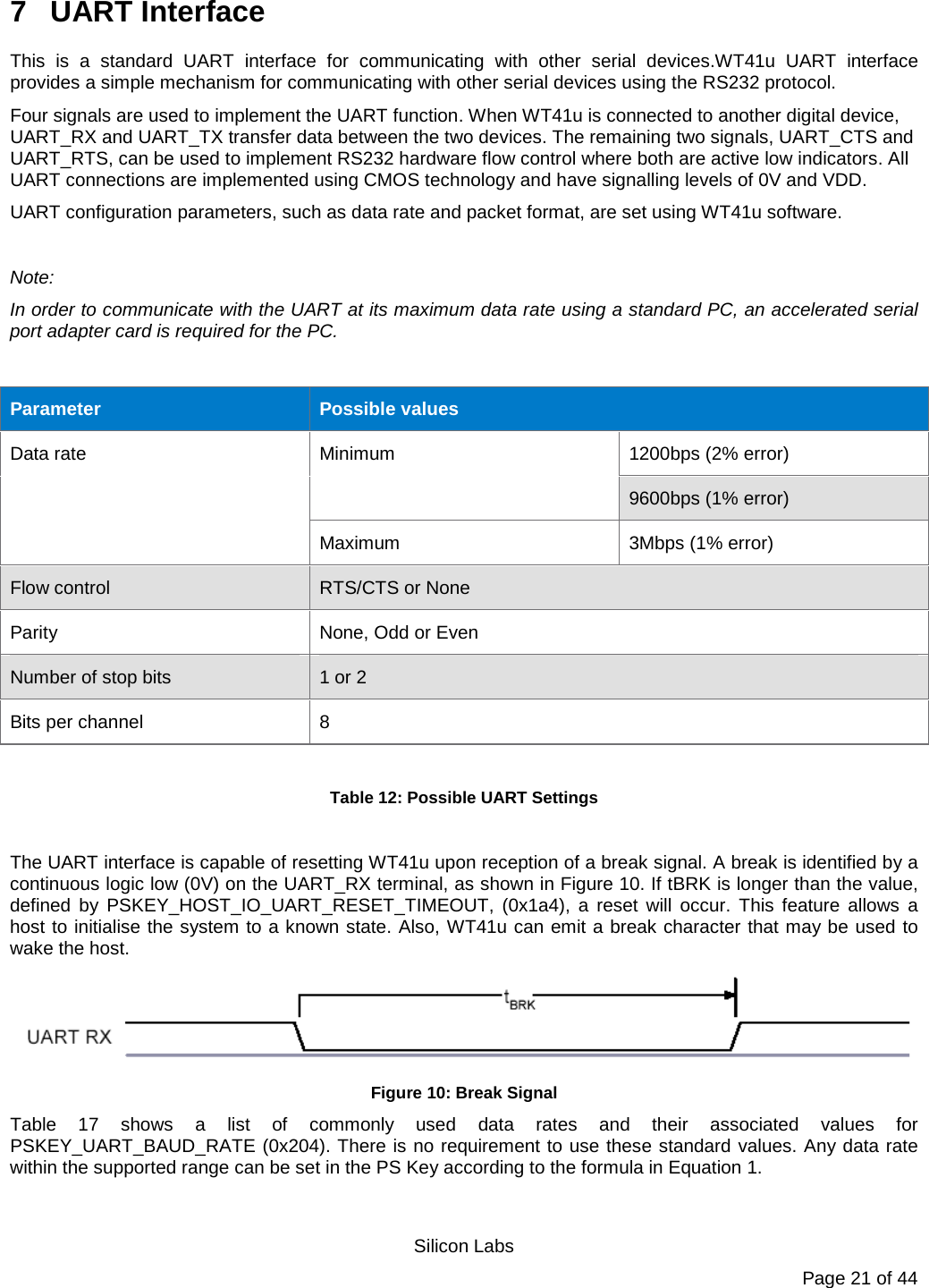   Silicon Labs Page 21 of 44 7  UART Interface This is a standard UART interface for communicating with other serial devices.WT41u UART interface provides a simple mechanism for communicating with other serial devices using the RS232 protocol.  Four signals are used to implement the UART function. When WT41u is connected to another digital device, UART_RX and UART_TX transfer data between the two devices. The remaining two signals, UART_CTS and UART_RTS, can be used to implement RS232 hardware flow control where both are active low indicators. All UART connections are implemented using CMOS technology and have signalling levels of 0V and VDD.  UART configuration parameters, such as data rate and packet format, are set using WT41u software.  Note: In order to communicate with the UART at its maximum data rate using a standard PC, an accelerated serial port adapter card is required for the PC.  Parameter Possible values Data rate Minimum 1200bps (2% error) 9600bps (1% error) Maximum 3Mbps (1% error) Flow control RTS/CTS or None Parity None, Odd or Even Number of stop bits 1 or 2 Bits per channel  8  Table 12: Possible UART Settings  The UART interface is capable of resetting WT41u upon reception of a break signal. A break is identified by a continuous logic low (0V) on the UART_RX terminal, as shown in Figure 10. If tBRK is longer than the value, defined by PSKEY_HOST_IO_UART_RESET_TIMEOUT, (0x1a4), a reset will occur. This feature allows a host to initialise the system to a known state. Also, WT41u can emit a break character that may be used to wake the host.  Figure 10: Break Signal Table 17 shows a list of commonly used data rates and their associated values for PSKEY_UART_BAUD_RATE (0x204). There is no requirement to use these standard values. Any data rate within the supported range can be set in the PS Key according to the formula in Equation 1. 