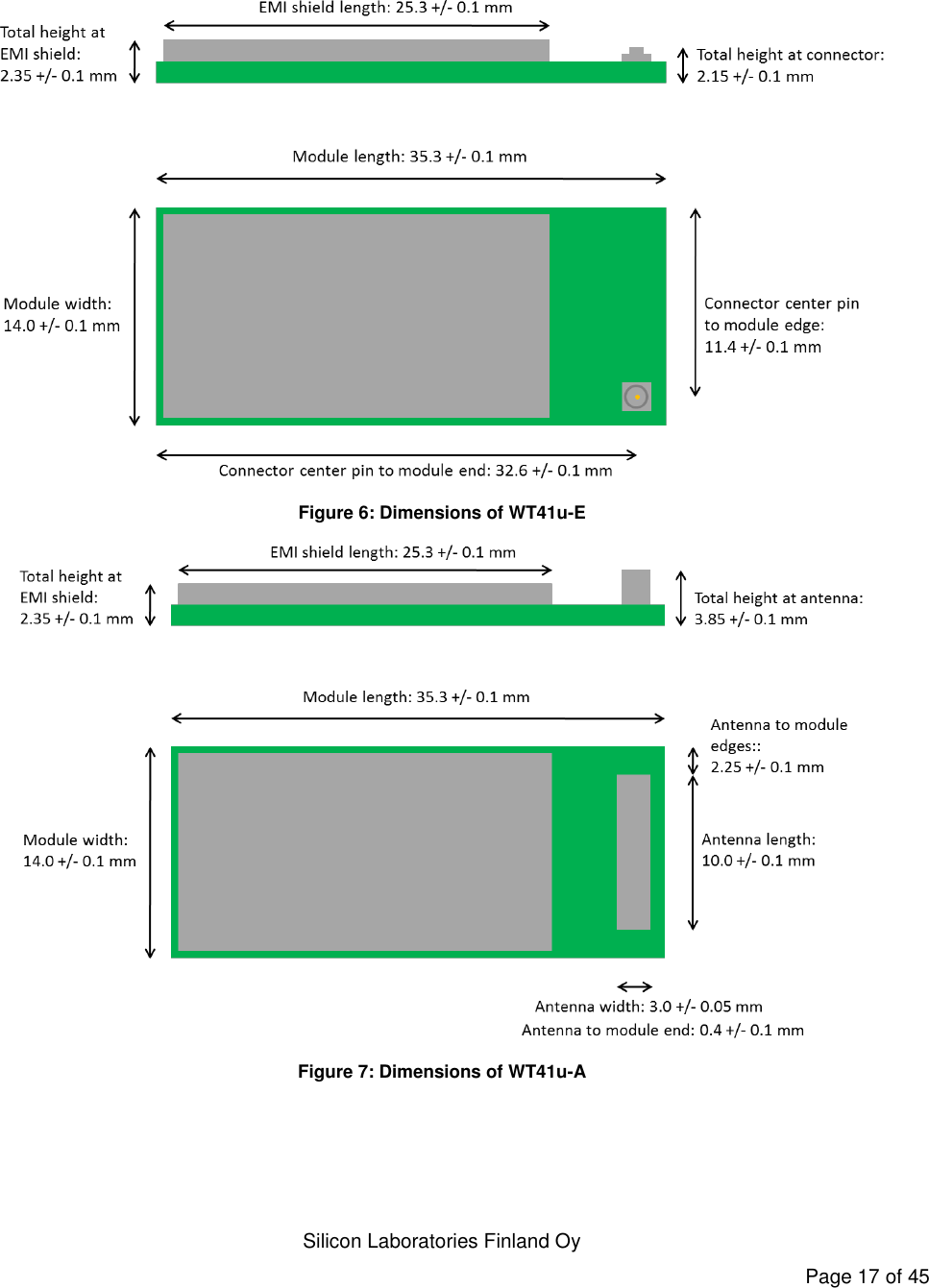   Silicon Laboratories Finland Oy Page 17 of 45     Figure 6: Dimensions of WT41u-E  Figure 7: Dimensions of WT41u-A  