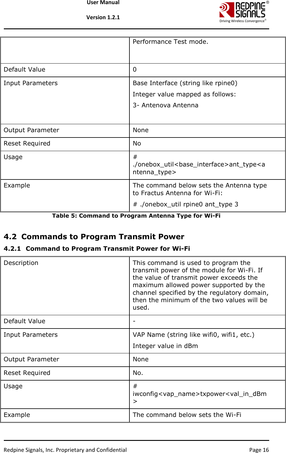   Redpine Signals, Inc. Proprietary and Confidential  Page 16 User Manual  Version 1.2.1 Performance Test mode.  Default Value   0 Input Parameters   Base Interface (string like rpine0)  Integer value mapped as follows: 3- Antenova Antenna  Output Parameter   None  Reset Required   No  Usage   # ./onebox_util&lt;base_interface&gt;ant_type&lt;antenna_type&gt; Example   The command below sets the Antenna type to Fractus Antenna for Wi-Fi: # ./onebox_util rpine0 ant_type 3 Table 5: Command to Program Antenna Type for Wi-Fi  4.2 Commands to Program Transmit Power 4.2.1 Command to Program Transmit Power for Wi-Fi Description  This command is used to program the transmit power of the module for Wi-Fi. If the value of transmit power exceeds the maximum allowed power supported by the channel specified by the regulatory domain, then the minimum of the two values will be used. Default Value   -  Input Parameters   VAP Name (string like wifi0, wifi1, etc.)  Integer value in dBm Output Parameter   None  Reset Required   No.  Usage   # iwconfig&lt;vap_name&gt;txpower&lt;val_in_dBm&gt; Example   The command below sets the Wi-Fi 