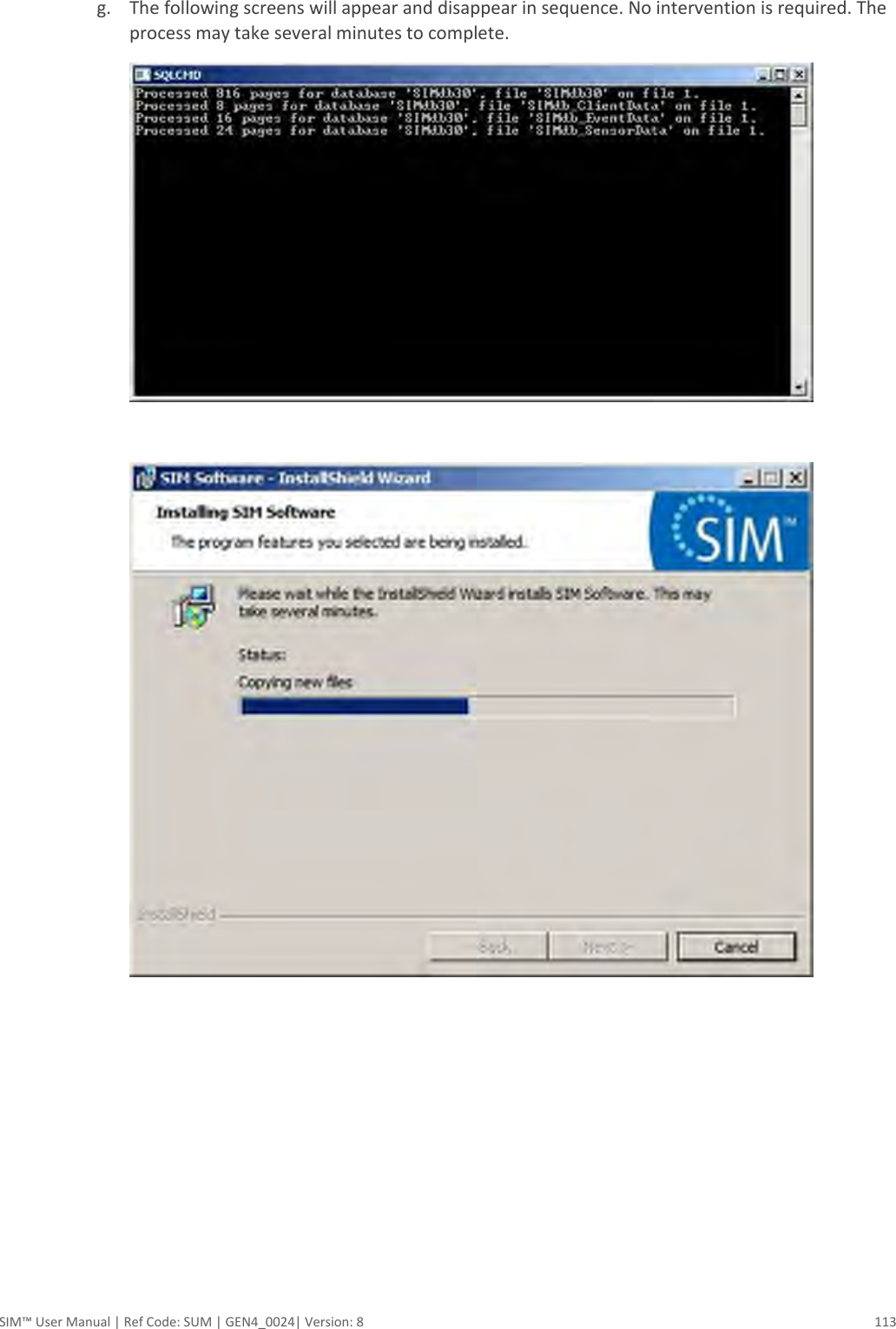  SIM™ User Manual | Ref Code: SUM | GEN4_0024| Version: 8  113  g. The following screens will appear and disappear in sequence. No intervention is required. The process may take several minutes to complete.    