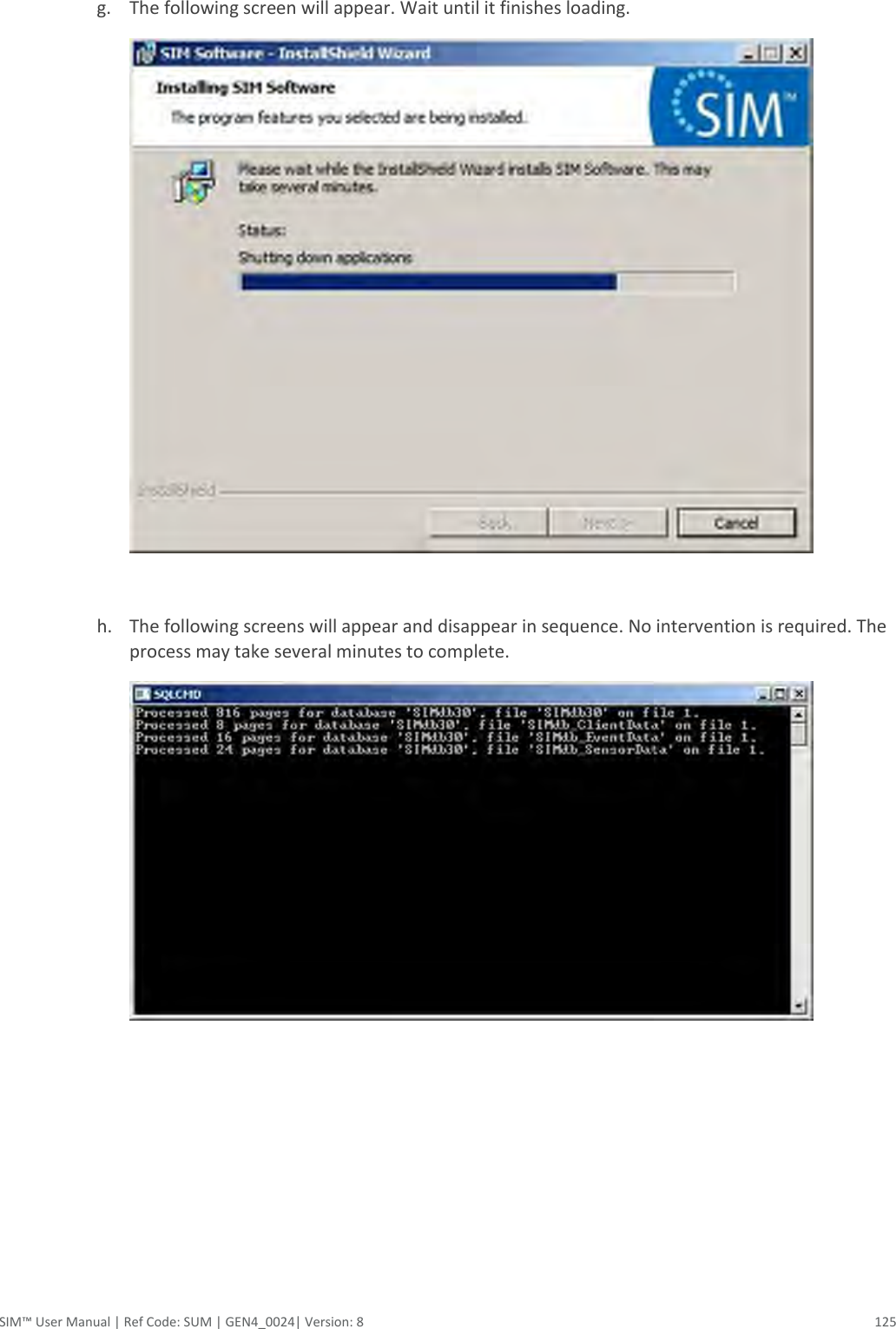  SIM™ User Manual | Ref Code: SUM | GEN4_0024| Version: 8  125  g. The following screen will appear. Wait until it finishes loading.    h. The following screens will appear and disappear in sequence. No intervention is required. The process may take several minutes to complete.   