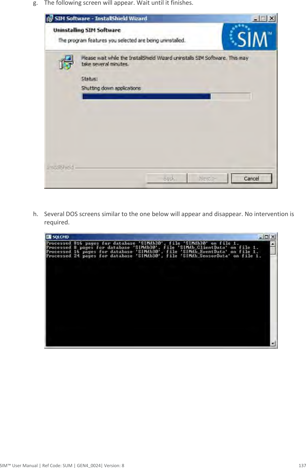  SIM™ User Manual | Ref Code: SUM | GEN4_0024| Version: 8  137 g. The following screen will appear. Wait until it finishes.   h. Several DOS screens similar to the one below will appear and disappear. No intervention is required.   