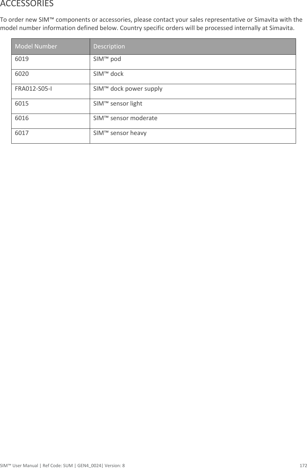  SIM™ User Manual | Ref Code: SUM | GEN4_0024| Version: 8  172 ACCESSORIES To order new SIM™ components or accessories, please contact your sales representative or Simavita with the model number information defined below. Country specific orders will be processed internally at Simavita. Model Number Description 6019 SIM™ pod 6020 SIM™ dock FRA012-S05-I SIM™ dock power supply 6015 SIM™ sensor light 6016 SIM™ sensor moderate 6017 SIM™ sensor heavy     