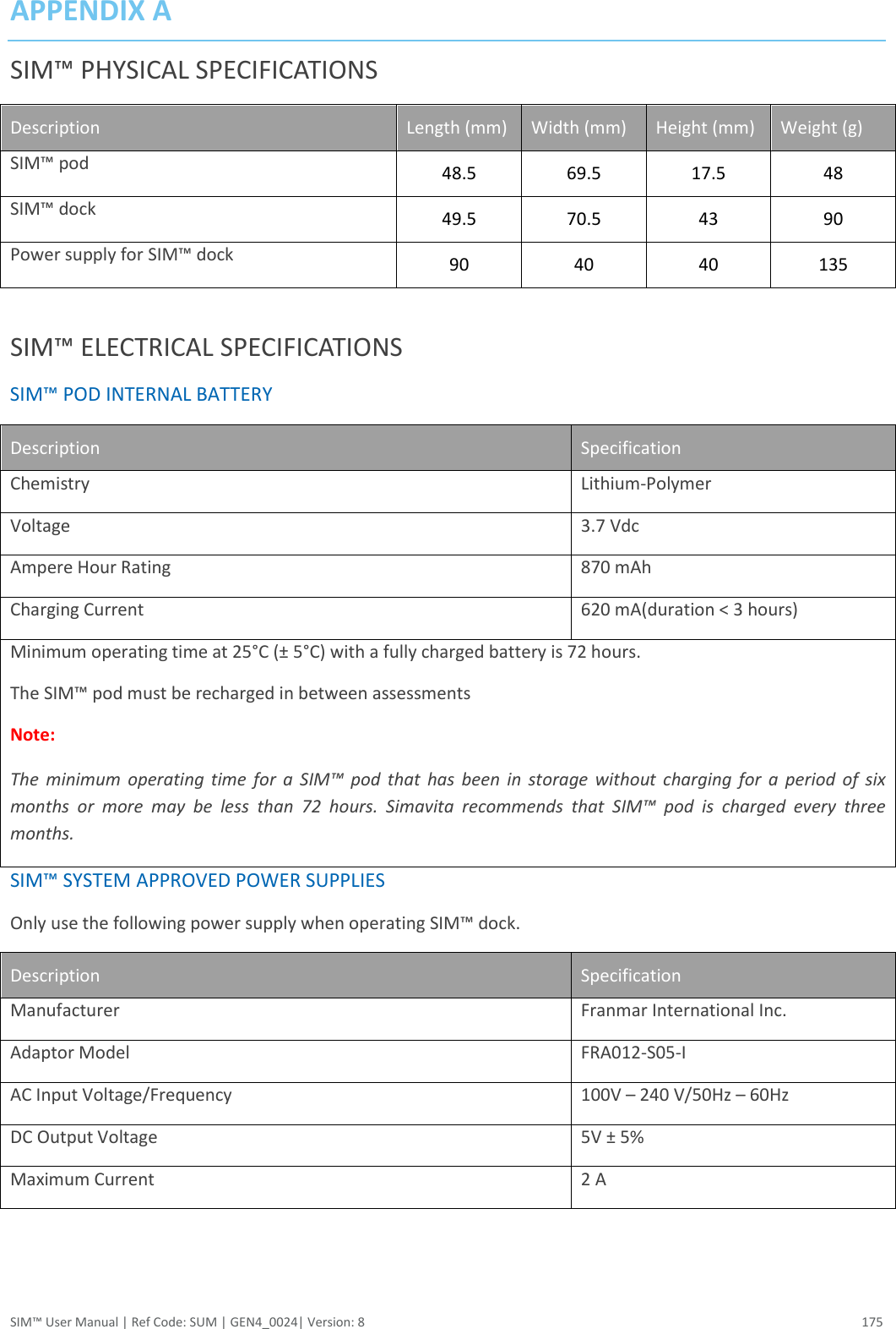  SIM™ User Manual | Ref Code: SUM | GEN4_0024| Version: 8  175 APPENDIX A SIM™ PHYSICAL SPECIFICATIONS Description Length (mm) Width (mm) Height (mm) Weight (g) SIM™ pod 48.5 69.5 17.5 48 SIM™ dock 49.5 70.5 43 90 Power supply for SIM™ dock 90 40 40 135  SIM™ ELECTRICAL SPECIFICATIONS SIM™ POD INTERNAL BATTERY Description Specification Chemistry Lithium-Polymer Voltage 3.7 Vdc Ampere Hour Rating 870 mAh Charging Current 620 mA(duration &lt; 3 hours) Minimum operating time at 25°C (± 5°C) with a fully charged battery is 72 hours. The SIM™ pod must be recharged in between assessments Note: The  minimum  operating  time  for  a  SIM™  pod  that  has  been  in  storage  without  charging for  a  period  of  six months  or  more  may  be  less  than  72  hours.  Simavita  recommends  that  SIM™  pod  is  charged  every  three months. SIM™ SYSTEM APPROVED POWER SUPPLIES Only use the following power supply when operating SIM™ dock. Description Specification Manufacturer Franmar International Inc. Adaptor Model FRA012-S05-I AC Input Voltage/Frequency 100V – 240 V/50Hz – 60Hz DC Output Voltage 5V ± 5% Maximum Current 2 A   