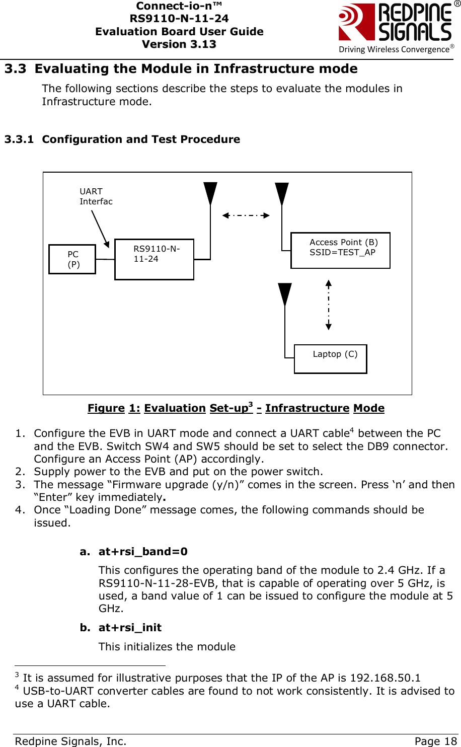      Redpine Signals, Inc.     Page 18 Connect-io-n™ RS9110-N-11-24  Evaluation Board User Guide  VVeerrssiioonn  33..1133    3.3 Evaluating the Module in Infrastructure mode  The following sections describe the steps to evaluate the modules in Infrastructure mode.  3.3.1 Configuration and Test Procedure   Figure 1: Evaluation Set-up3 - Infrastructure Mode  1. Configure the EVB in UART mode and connect a UART cable4 between the PC and the EVB. Switch SW4 and SW5 should be set to select the DB9 connector. Configure an Access Point (AP) accordingly. 2. Supply power to the EVB and put on the power switch.  3. The message “Firmware upgrade (y/n)” comes in the screen. Press ‘n’ and then “Enter” key immediately. 4. Once “Loading Done” message comes, the following commands should be issued.  a. at+rsi_band=0   This configures the operating band of the module to 2.4 GHz. If a RS9110-N-11-28-EVB, that is capable of operating over 5 GHz, is used, a band value of 1 can be issued to configure the module at 5 GHz. b. at+rsi_init  This initializes the module                                           3 It is assumed for illustrative purposes that the IP of the AP is 192.168.50.1 4 USB-to-UART converter cables are found to not work consistently. It is advised to use a UART cable. PC (P) RS9110-N-11-24 UART InterfacAccess Point (B) SSID=TEST_AP Laptop (C) 
