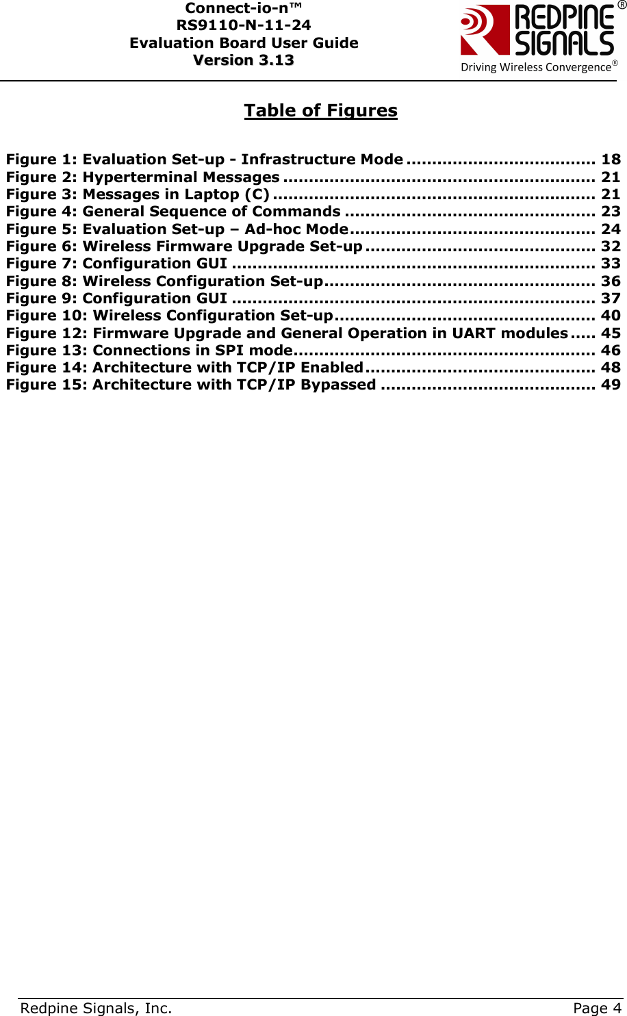      Redpine Signals, Inc.     Page 4 Connect-io-n™ RS9110-N-11-24  Evaluation Board User Guide  VVeerrssiioonn  33..1133     Table of Figures  Figure 1: Evaluation Set-up - Infrastructure Mode ..................................... 18 Figure 2: Hyperterminal Messages ............................................................. 21 Figure 3: Messages in Laptop (C) ............................................................... 21 Figure 4: General Sequence of Commands ................................................. 23 Figure 5: Evaluation Set-up – Ad-hoc Mode ................................................ 24 Figure 6: Wireless Firmware Upgrade Set-up ............................................. 32 Figure 7: Configuration GUI ....................................................................... 33 Figure 8: Wireless Configuration Set-up ..................................................... 36 Figure 9: Configuration GUI ....................................................................... 37 Figure 10: Wireless Configuration Set-up ................................................... 40 Figure 12: Firmware Upgrade and General Operation in UART modules ..... 45 Figure 13: Connections in SPI mode ........................................................... 46 Figure 14: Architecture with TCP/IP Enabled ............................................. 48 Figure 15: Architecture with TCP/IP Bypassed .......................................... 49  