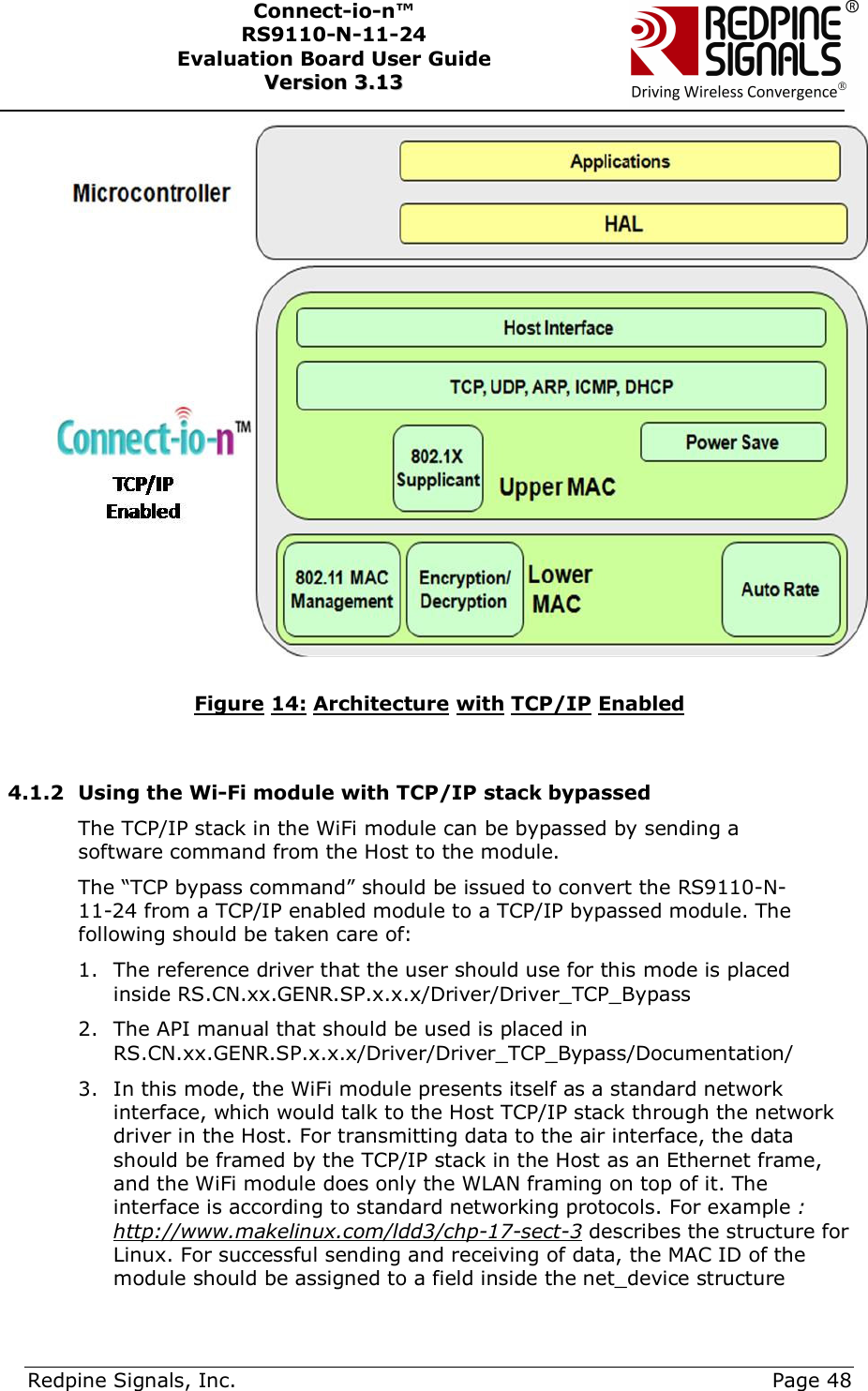      Redpine Signals, Inc.     Page 48 Connect-io-n™ RS9110-N-11-24  Evaluation Board User Guide  VVeerrssiioonn  33..1133      Figure 14: Architecture with TCP/IP Enabled   4.1.2 Using the Wi-Fi module with TCP/IP stack bypassed The TCP/IP stack in the WiFi module can be bypassed by sending a software command from the Host to the module.  The “TCP bypass command” should be issued to convert the RS9110-N-11-24 from a TCP/IP enabled module to a TCP/IP bypassed module. The following should be taken care of: 1. The reference driver that the user should use for this mode is placed inside RS.CN.xx.GENR.SP.x.x.x/Driver/Driver_TCP_Bypass 2. The API manual that should be used is placed in RS.CN.xx.GENR.SP.x.x.x/Driver/Driver_TCP_Bypass/Documentation/ 3. In this mode, the WiFi module presents itself as a standard network interface, which would talk to the Host TCP/IP stack through the network driver in the Host. For transmitting data to the air interface, the data should be framed by the TCP/IP stack in the Host as an Ethernet frame, and the WiFi module does only the WLAN framing on top of it. The interface is according to standard networking protocols. For example : http://www.makelinux.com/ldd3/chp-17-sect-3 describes the structure for Linux. For successful sending and receiving of data, the MAC ID of the module should be assigned to a field inside the net_device structure 