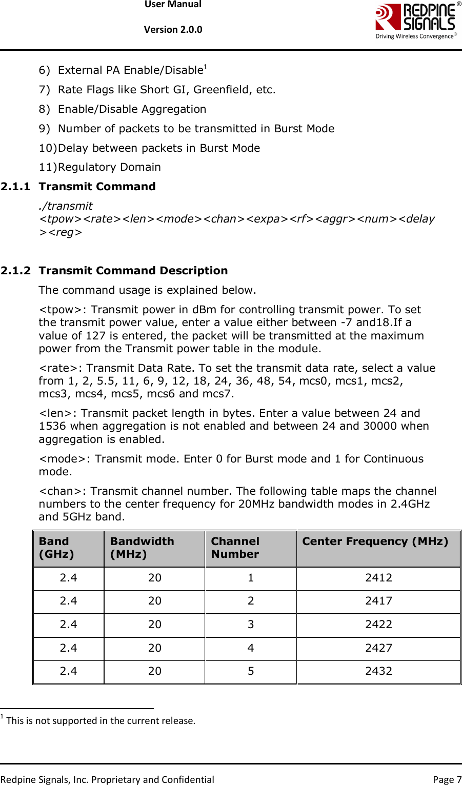   Redpine Signals, Inc. Proprietary and Confidential  Page 7 User Manual  Version 2.0.0 6) External PA Enable/Disable1 7) Rate Flags like Short GI, Greenfield, etc. 8) Enable/Disable Aggregation  9) Number of packets to be transmitted in Burst Mode 10) Delay between packets in Burst Mode 11) Regulatory Domain 2.1.1 Transmit Command ./transmit &lt;tpow&gt;&lt;rate&gt;&lt;len&gt;&lt;mode&gt;&lt;chan&gt;&lt;expa&gt;&lt;rf&gt;&lt;aggr&gt;&lt;num&gt;&lt;delay&gt;&lt;reg&gt;  2.1.2 Transmit Command Description The command usage is explained below.  &lt;tpow&gt;: Transmit power in dBm for controlling transmit power. To set the transmit power value, enter a value either between -7 and18.If a value of 127 is entered, the packet will be transmitted at the maximum power from the Transmit power table in the module.   &lt;rate&gt;: Transmit Data Rate. To set the transmit data rate, select a value from 1, 2, 5.5, 11, 6, 9, 12, 18, 24, 36, 48, 54, mcs0, mcs1, mcs2, mcs3, mcs4, mcs5, mcs6 and mcs7.  &lt;len&gt;: Transmit packet length in bytes. Enter a value between 24 and 1536 when aggregation is not enabled and between 24 and 30000 when aggregation is enabled.  &lt;mode&gt;: Transmit mode. Enter 0 for Burst mode and 1 for Continuous mode.  &lt;chan&gt;: Transmit channel number. The following table maps the channel numbers to the center frequency for 20MHz bandwidth modes in 2.4GHz and 5GHz band.  Band (GHz) Bandwidth (MHz) Channel Number Center Frequency (MHz) 2.4  20  1  2412 2.4  20  2  2417 2.4  20  3  2422 2.4  20  4  2427 2.4  20  5  2432                                                                1 This is not supported in the current release.  