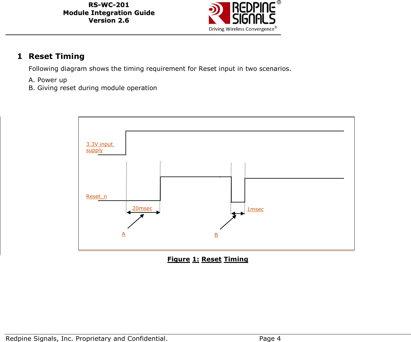     Redpine Signals, Inc. Proprietary and Confidential.     Page 4 RRSS--WWCC--220011    MMoodduullee  IInntteeggrraattiioonn  GGuuiiddee  VVeerrssiioonn  22..66     1 Reset Timing  Following diagram shows the timing requirement for Reset input in two scenarios.  A. Power up B. Giving reset during module operation    Figure 1: Reset Timing 3.3V input  supply 20msec A 1msec B Reset_n  